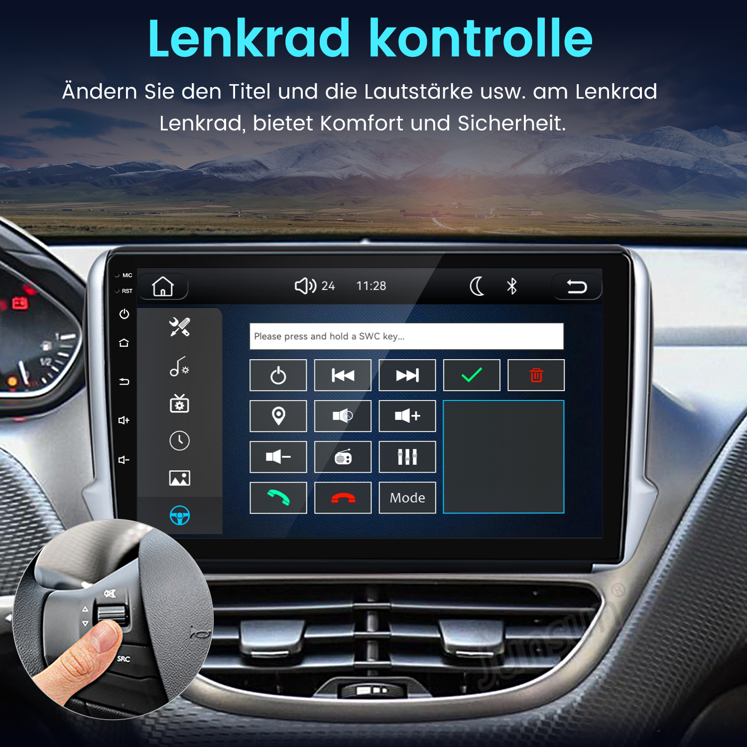 Ein Autoradio-Touchscreen zeigt ein Lenkradsteuerungsmenü mit einer Detailansicht der Lenkradtasten.