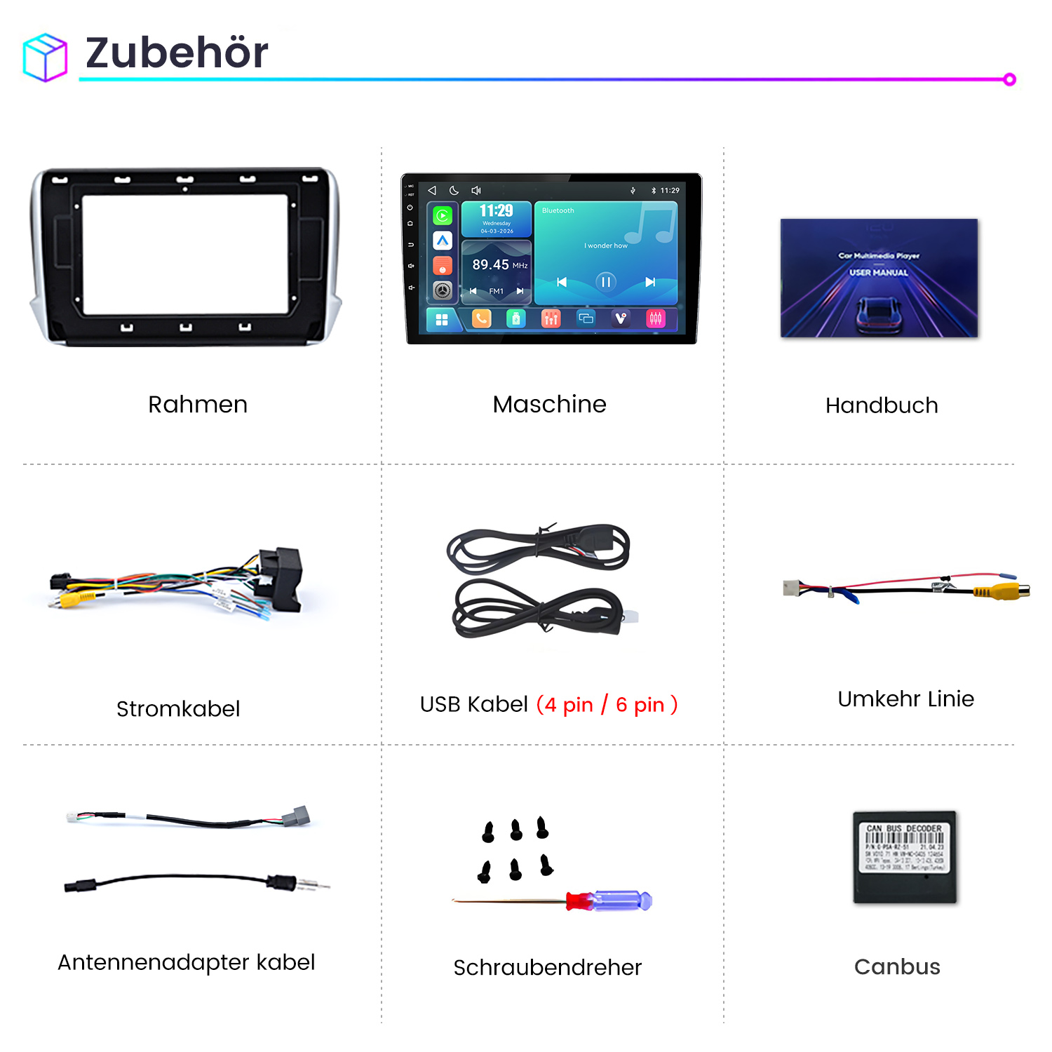 Übersicht des Zubehörs für ein Auto-Multimediasystem, inklusive Rahmen, Display, Handbuch und Kabeln.