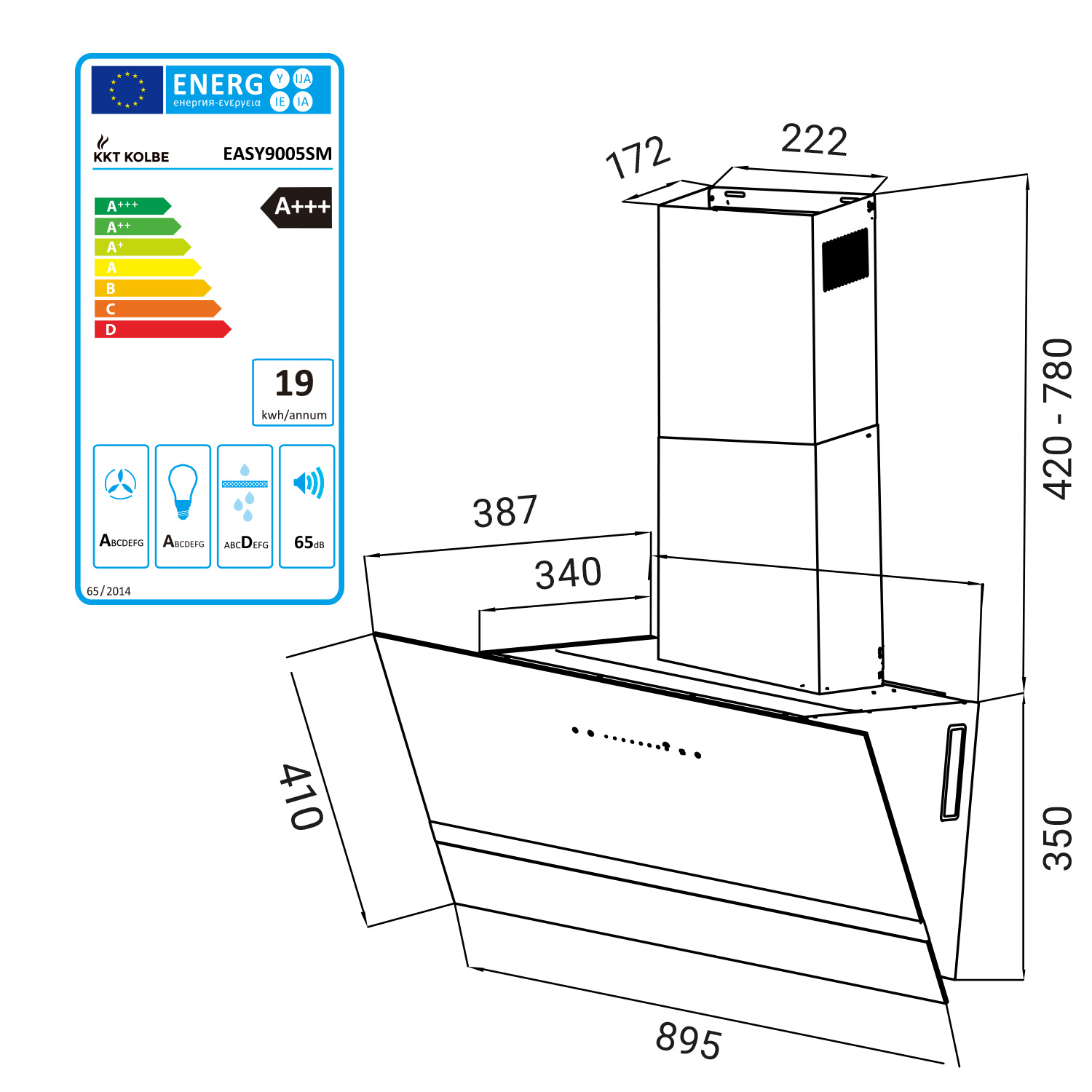Disegno tecnico di una cappa aspirante con dimensioni ed etichetta di efficienza energetica.