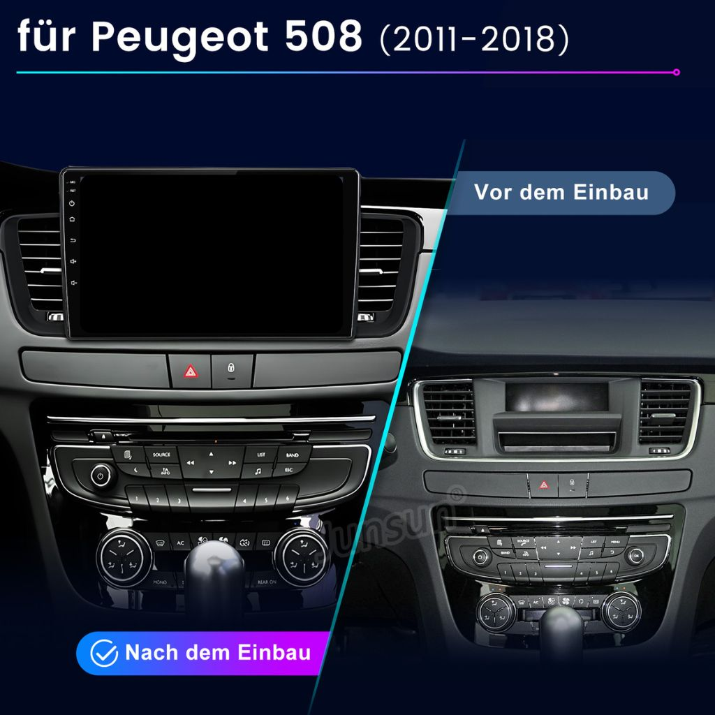 Vergleich der Peugeot 508 Mittelkonsole vor und nach dem Einbau eines Touchscreens.