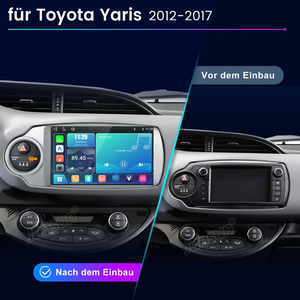 Vergleich der Toyota Yaris Mittelkonsole vor und nach dem Einbau eines neuen Infotainmentsystems.