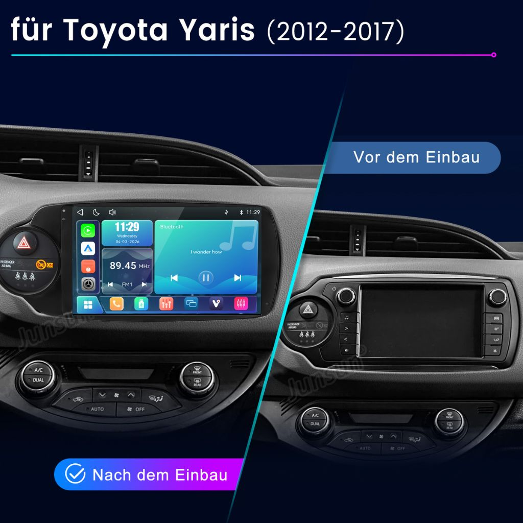Vergleich der Toyota Yaris Mittelkonsole vor und nach dem Einbau eines modernen Touchscreen-Autoradios.