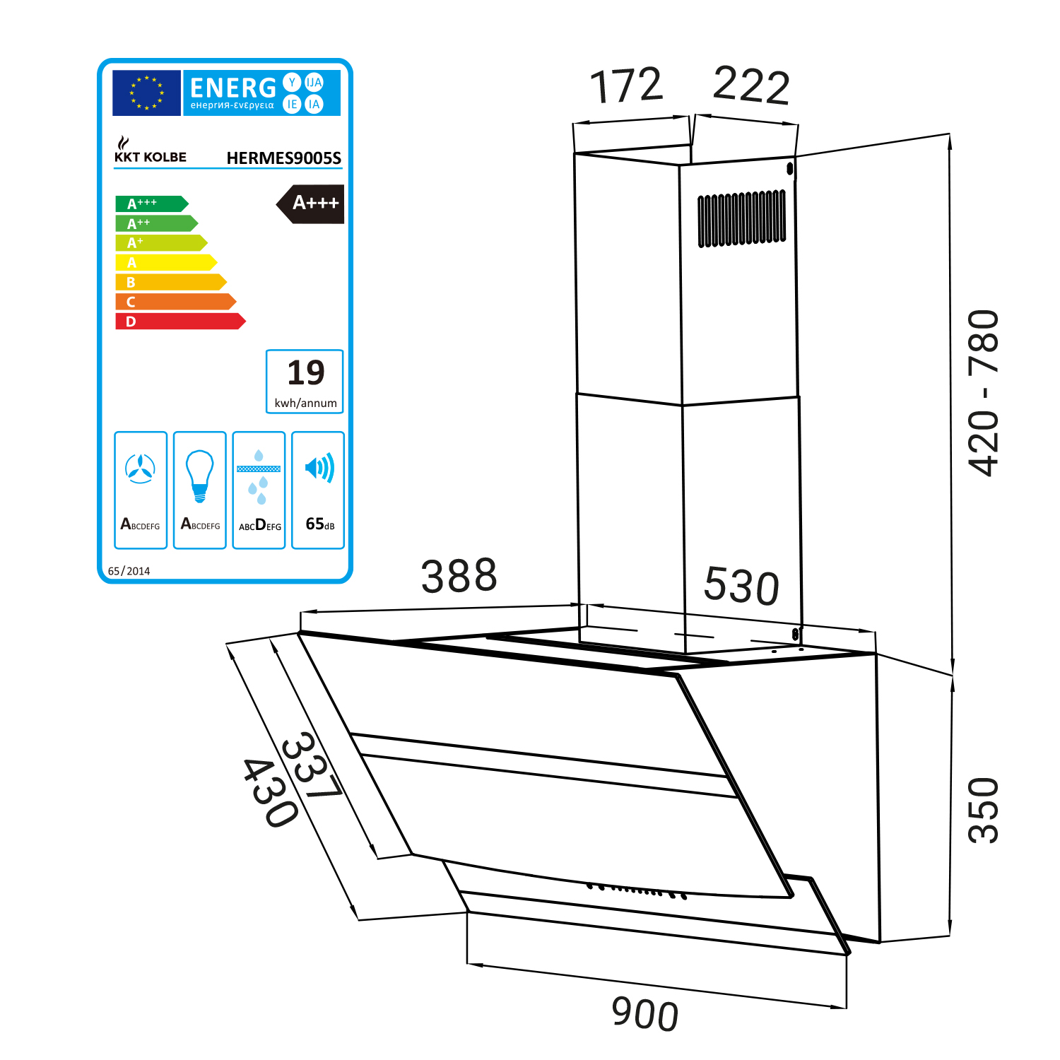Disegno tecnico della cappa aspirante HERMES9005S con dimensioni ed etichetta energetica.