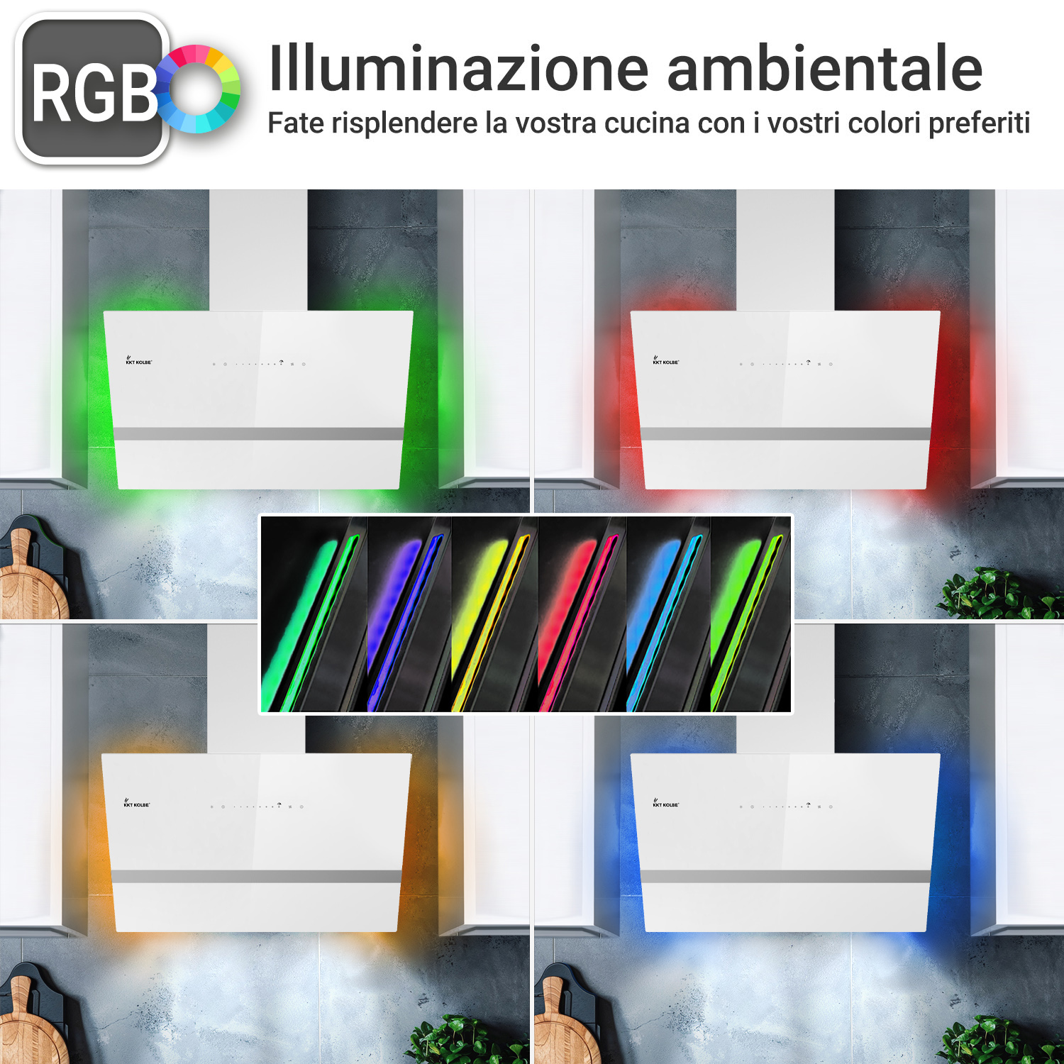Cappa aspirante con illuminazione ambientale RGB regolabile in vari colori.