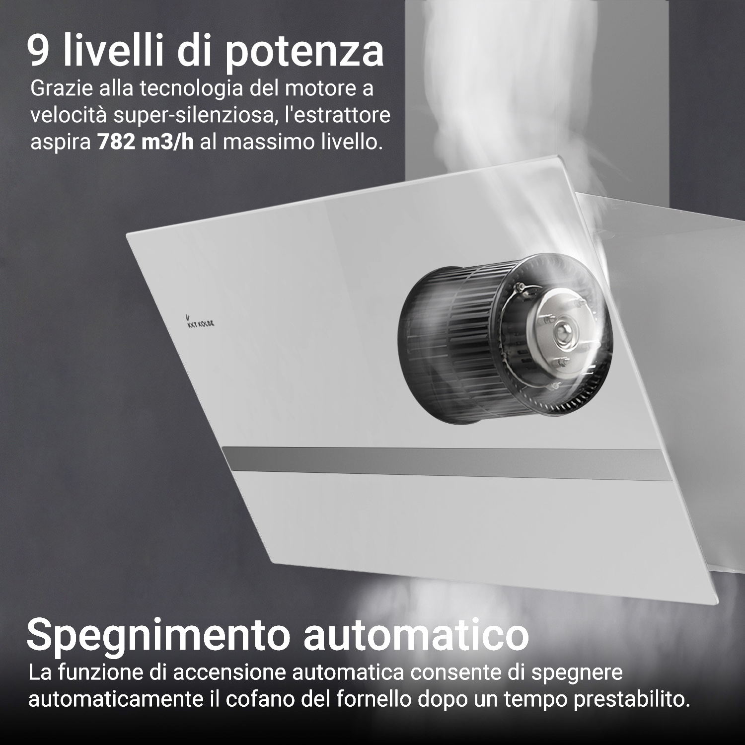 Cappa aspirante bianca con motore visibile e testo in italiano su livelli di potenza e spegnimento automatico.