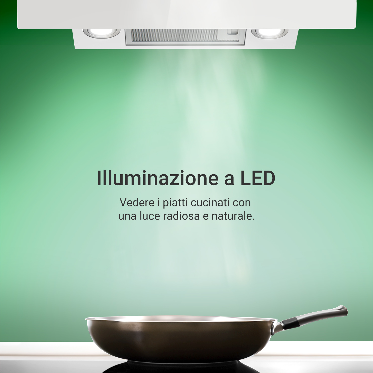 Una padella su un piano cottura sotto una cappa con illuminazione a LED.