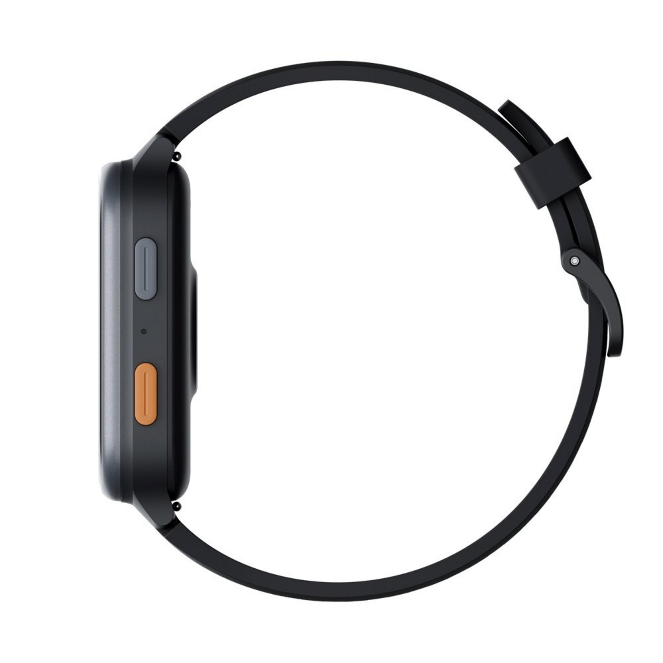 Vista lateral de un reloj inteligente negro con un botón naranja y gris y una correa negra.