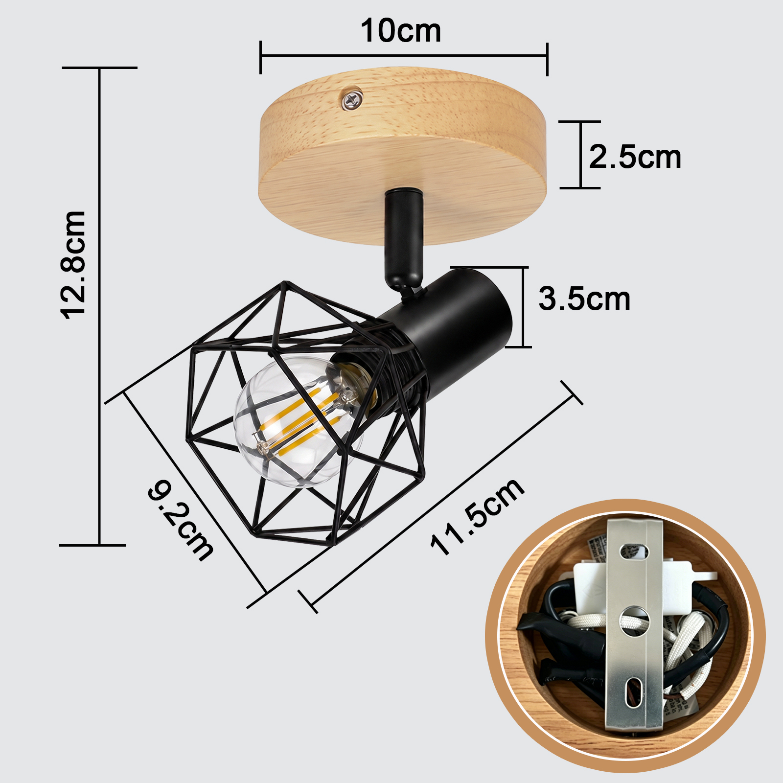 Dibujo técnico de un foco de techo de madera con jaula de metal negra y dimensiones.