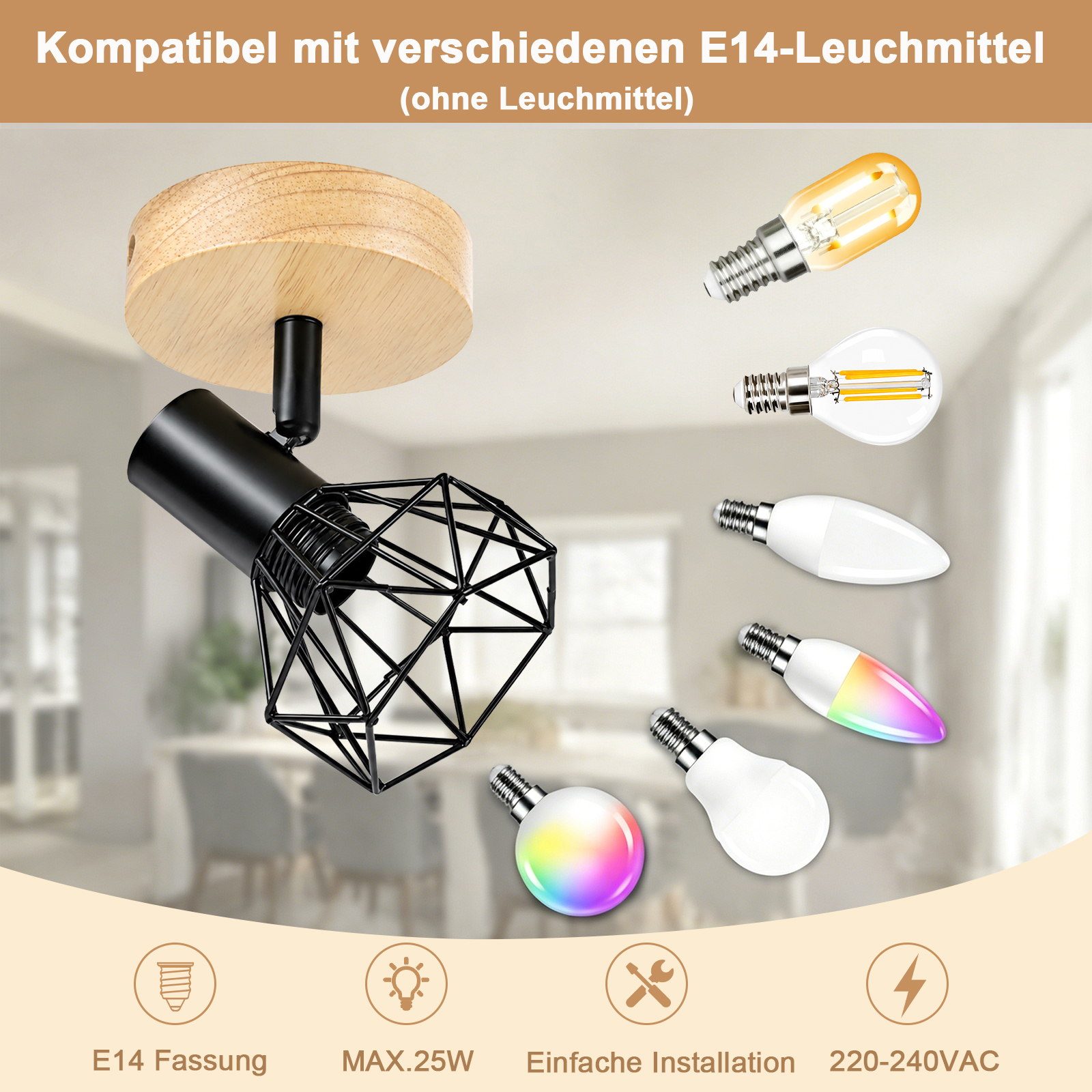 Lámpara de pared de madera y metal negro con casquillo E14 y varias bombillas compatibles.