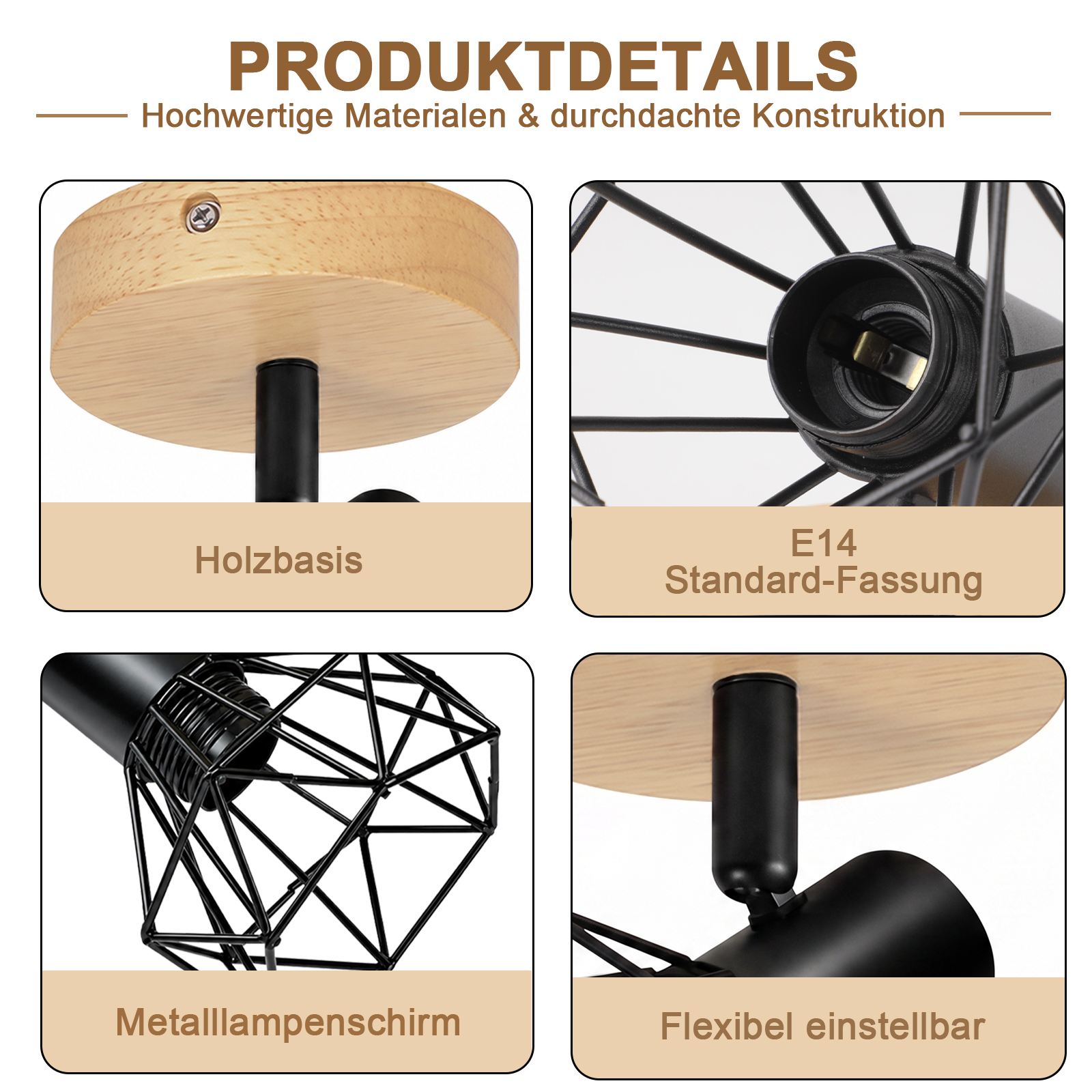Detalles del producto con base de madera, casquillo E14, pantalla metálica y ajuste flexible.