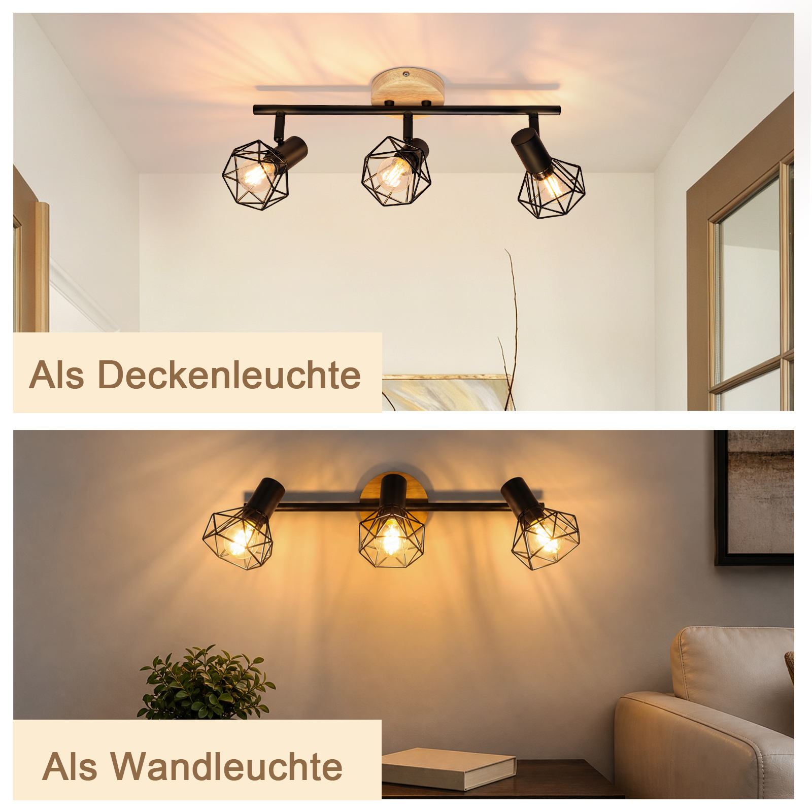 Lámpara de tres luces de metal negro y madera montada en techo y pared con bombillas cálidas.