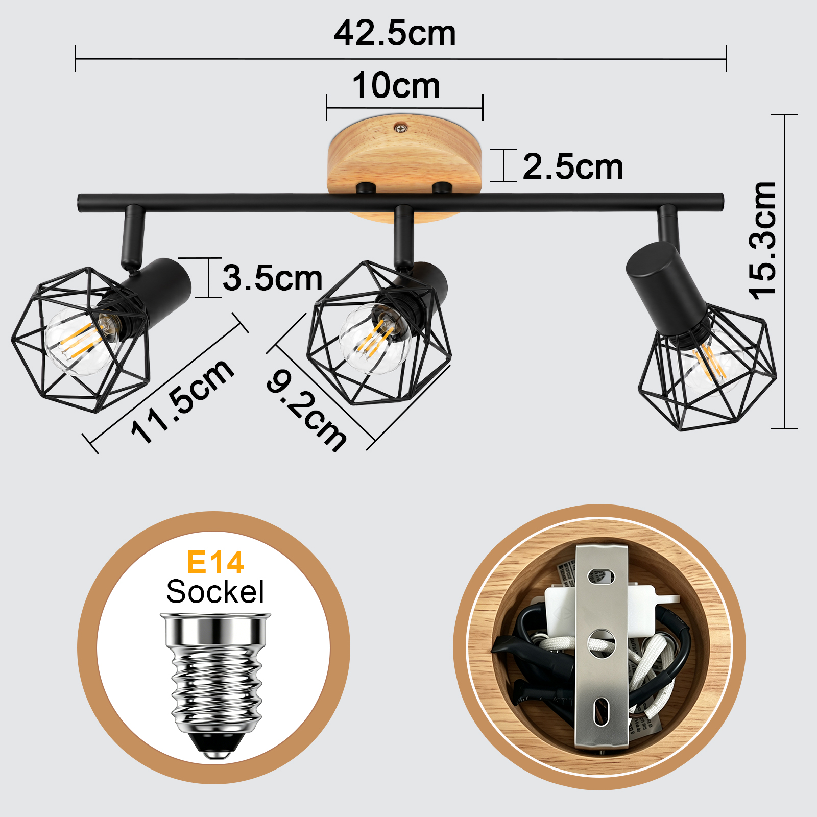 Diagrama de una lámpara de techo negra con detalles de madera, tres casquillos E14 y medidas detalladas.