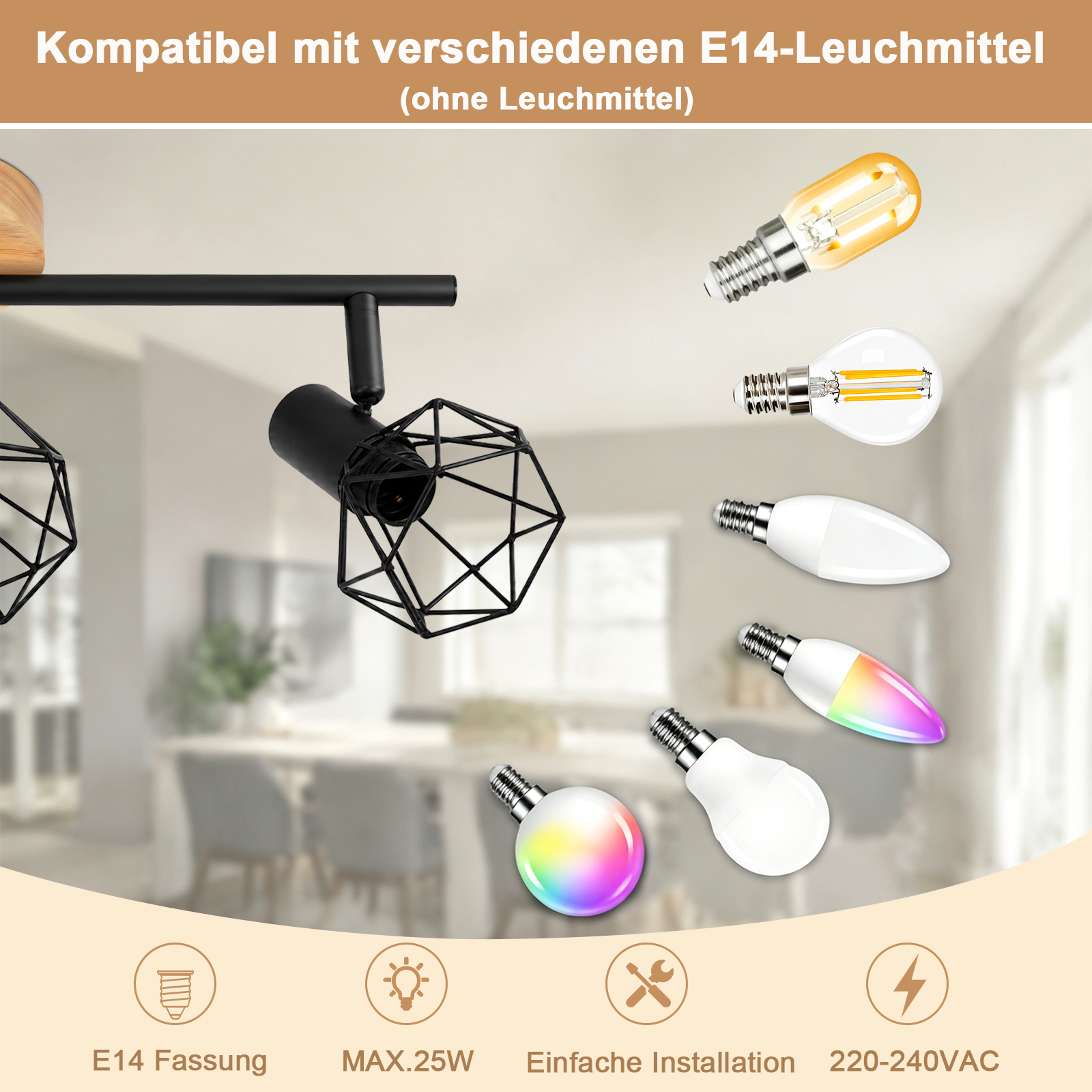 Lámpara de foco de metal negro con varias opciones de bombillas E14 en una habitación luminosa.