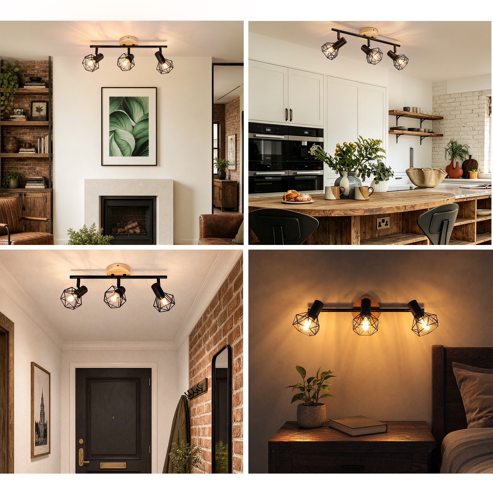 Cuatro imágenes muestran lámparas de techo con jaulas metálicas negras y soportes de madera en varias habitaciones.