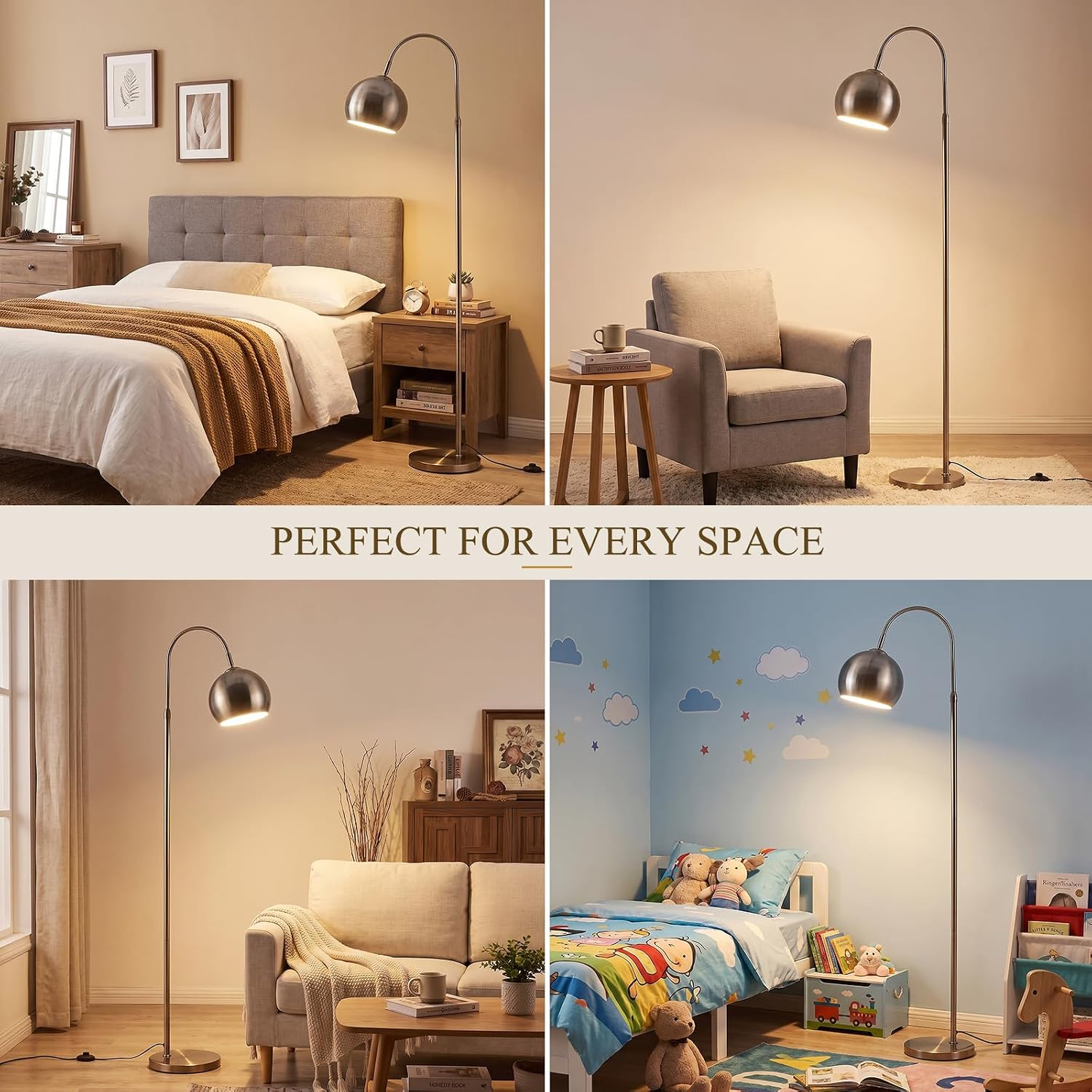 Una lámpara de pie de arco metálica mostrada en dormitorio, sala y habitación infantil.