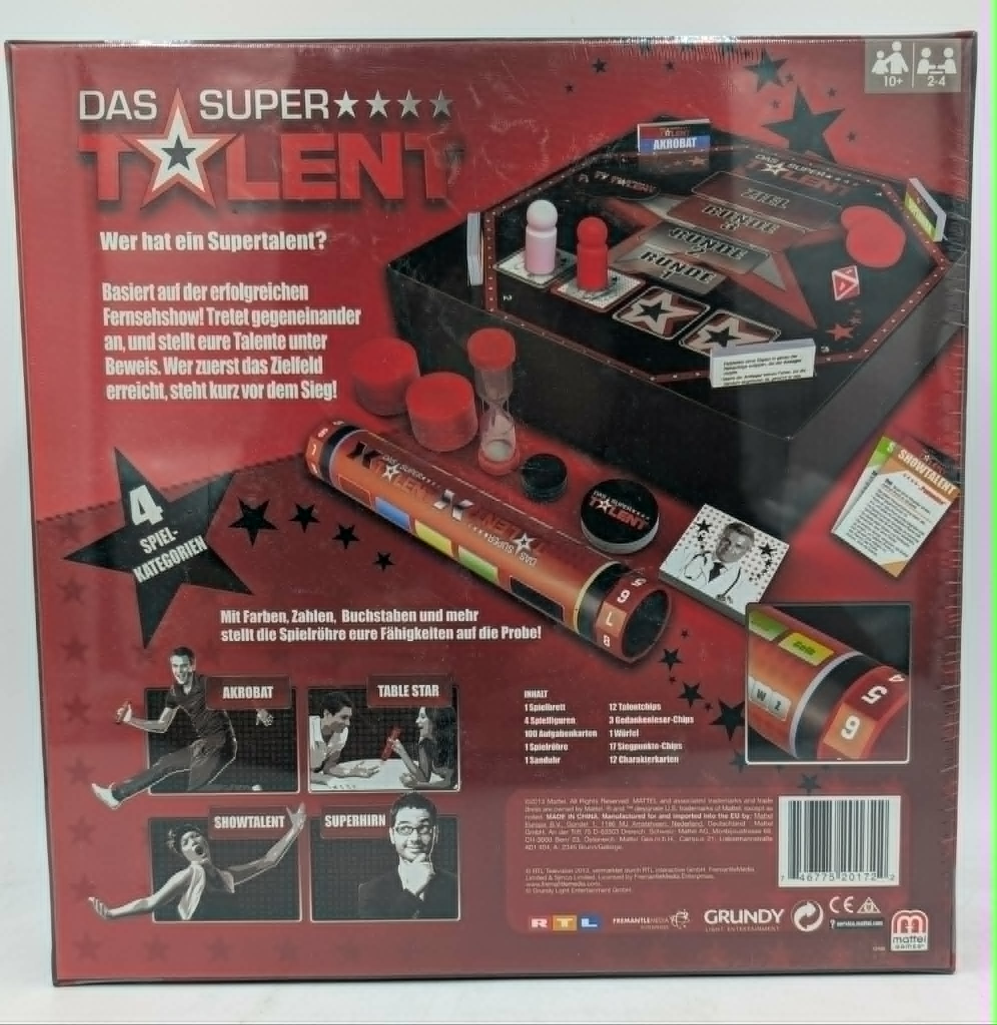 Rückseite einer Brettspielverpackung von Das Supertalent mit Spielbrett, Röhre, Karten und Texten auf Deutsch.