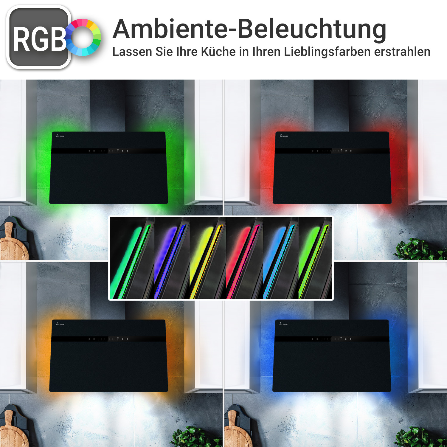 Cappa aspirante nera con varie opzioni di illuminazione ambientale RGB in una cucina.
