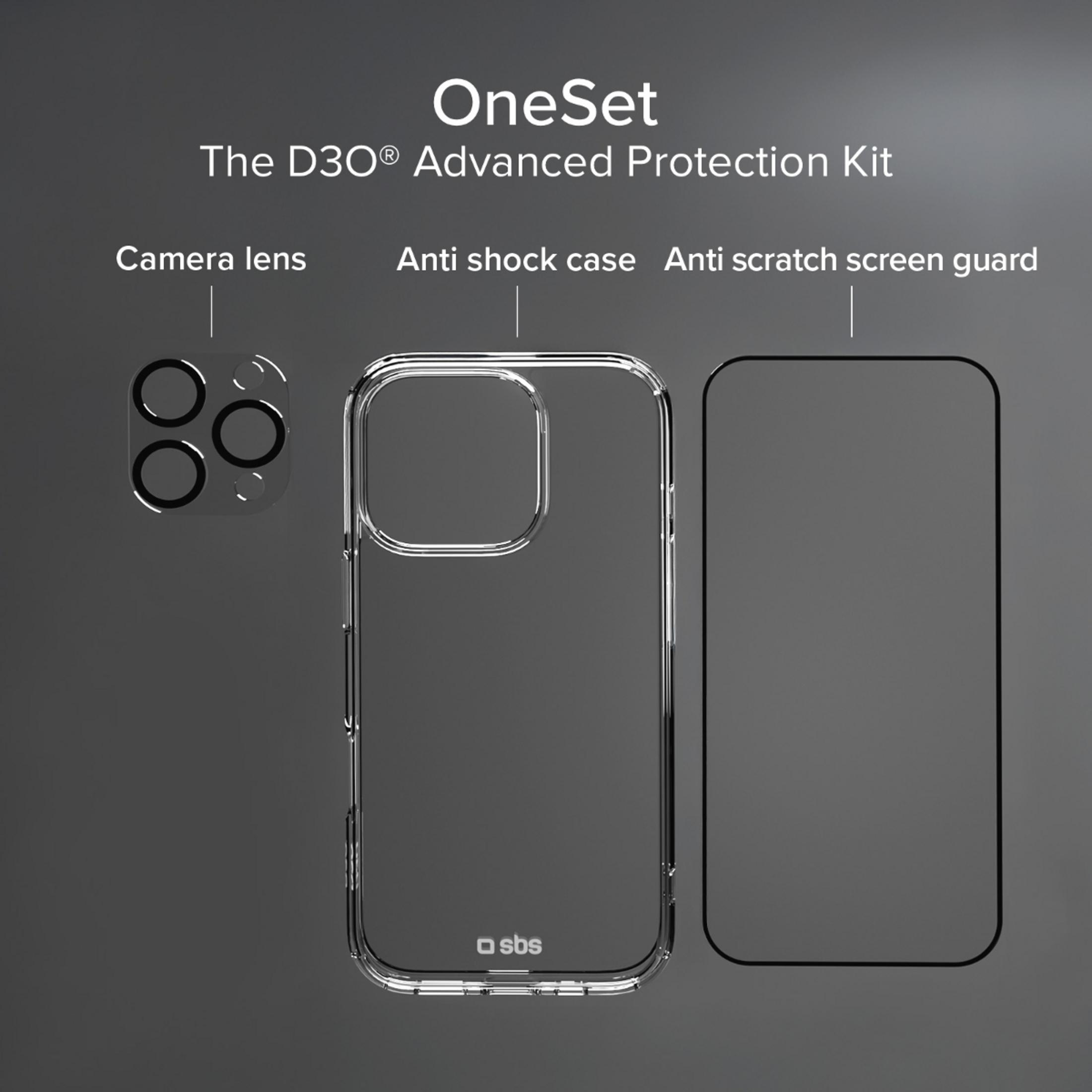 Kit de protección OneSet D3O con protector de lente, funda anti-golpes y protector de pantalla anti-arañazos.