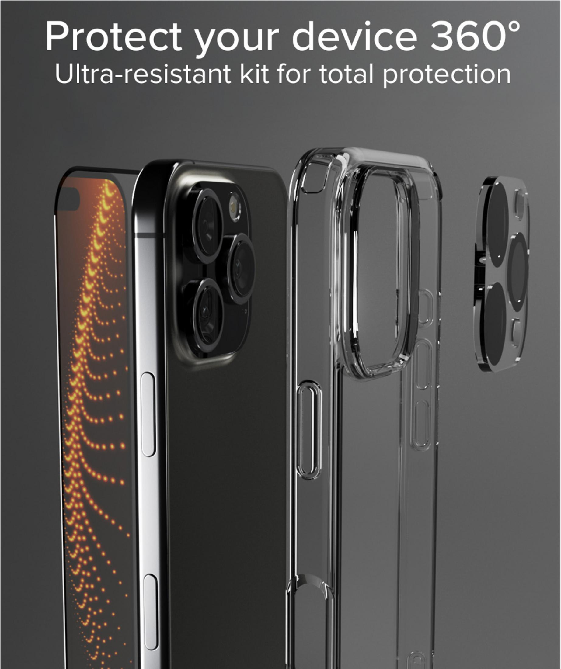 Smartphone con funda protectora transparente y cubierta de cámara sobre fondo gris.