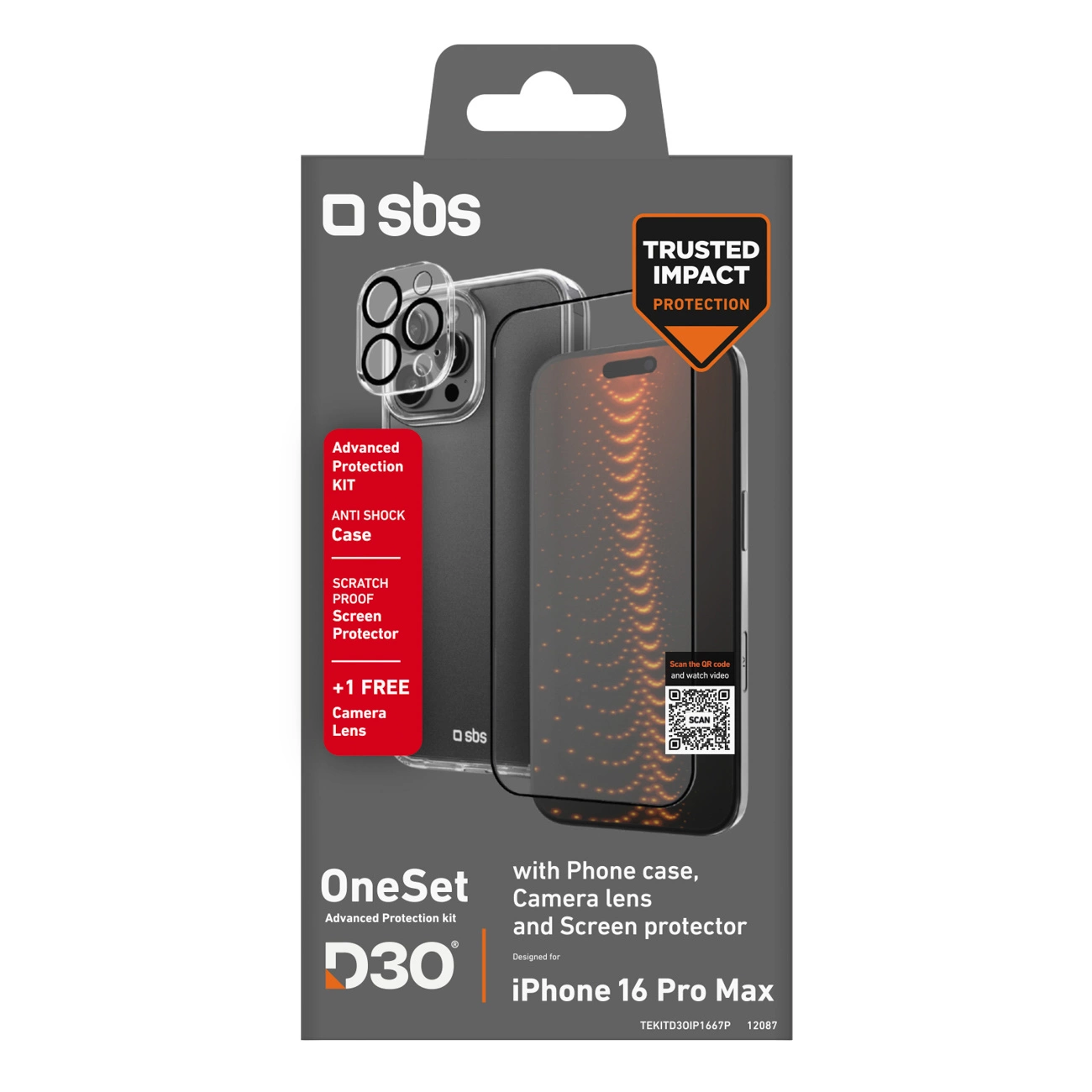 Kit de protección avanzada SBS OneSet para iPhone 16 Pro Max con funda, protector de pantalla y lente.
