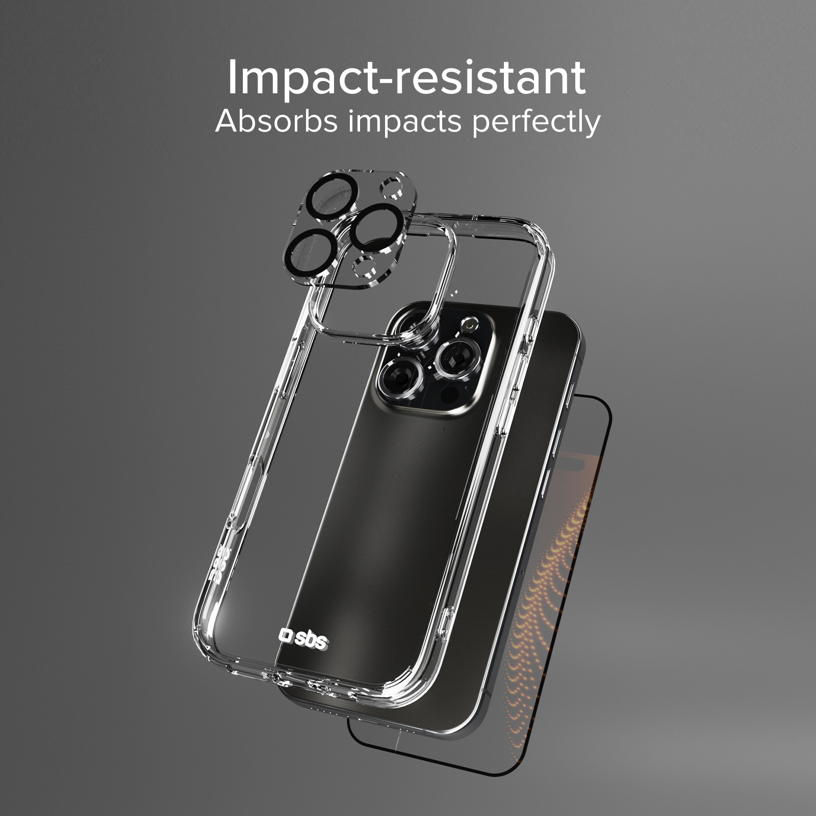 Vista explosionada de un smartphone negro con funda protectora transparente y protector de pantalla sobre fondo gris.
