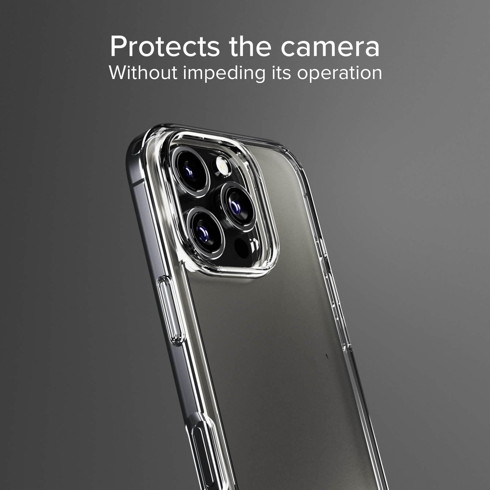 Un teléfono inteligente en una funda protectora transparente sobre fondo gris.