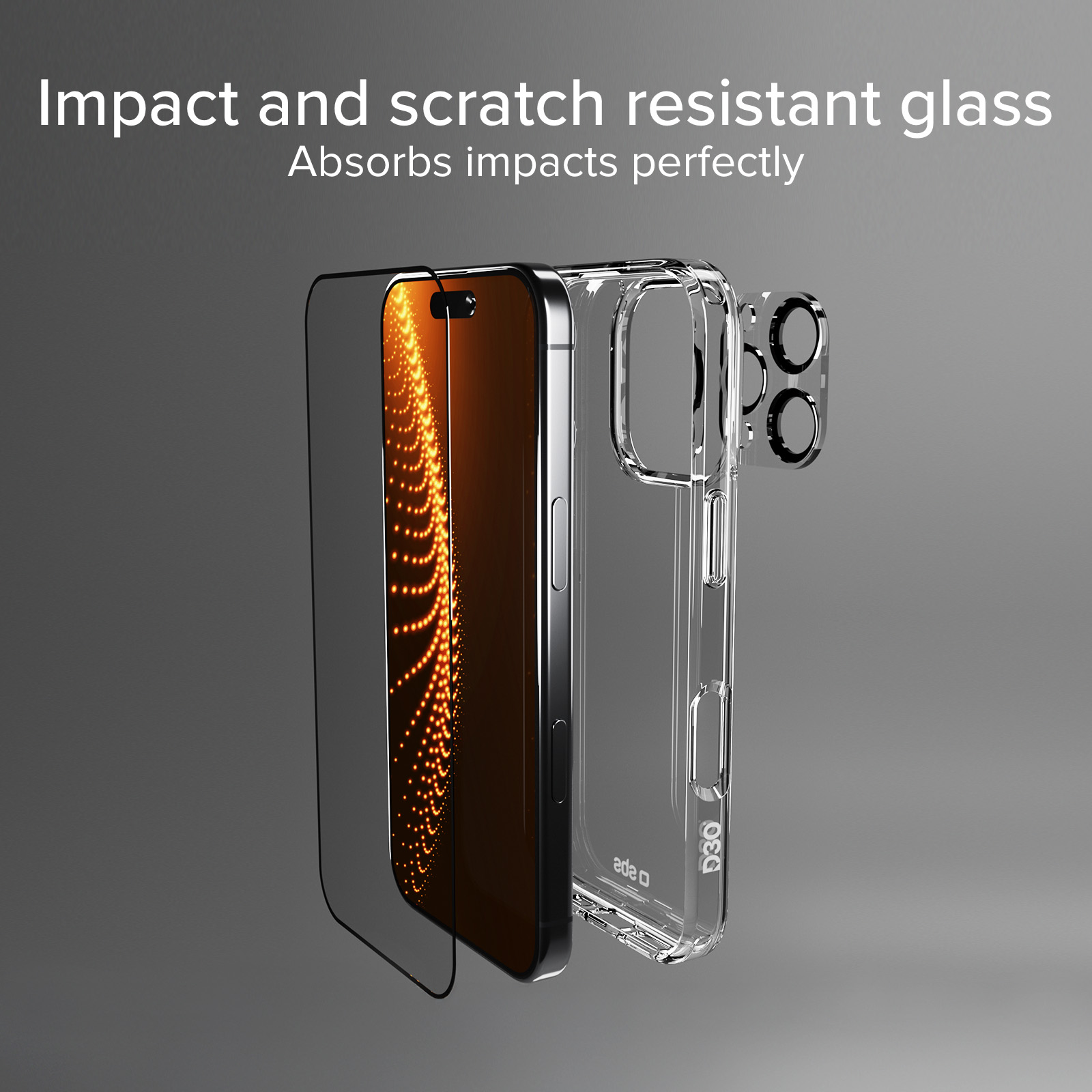 Vidrio resistente a impactos y arañazos con funda protectora transparente.