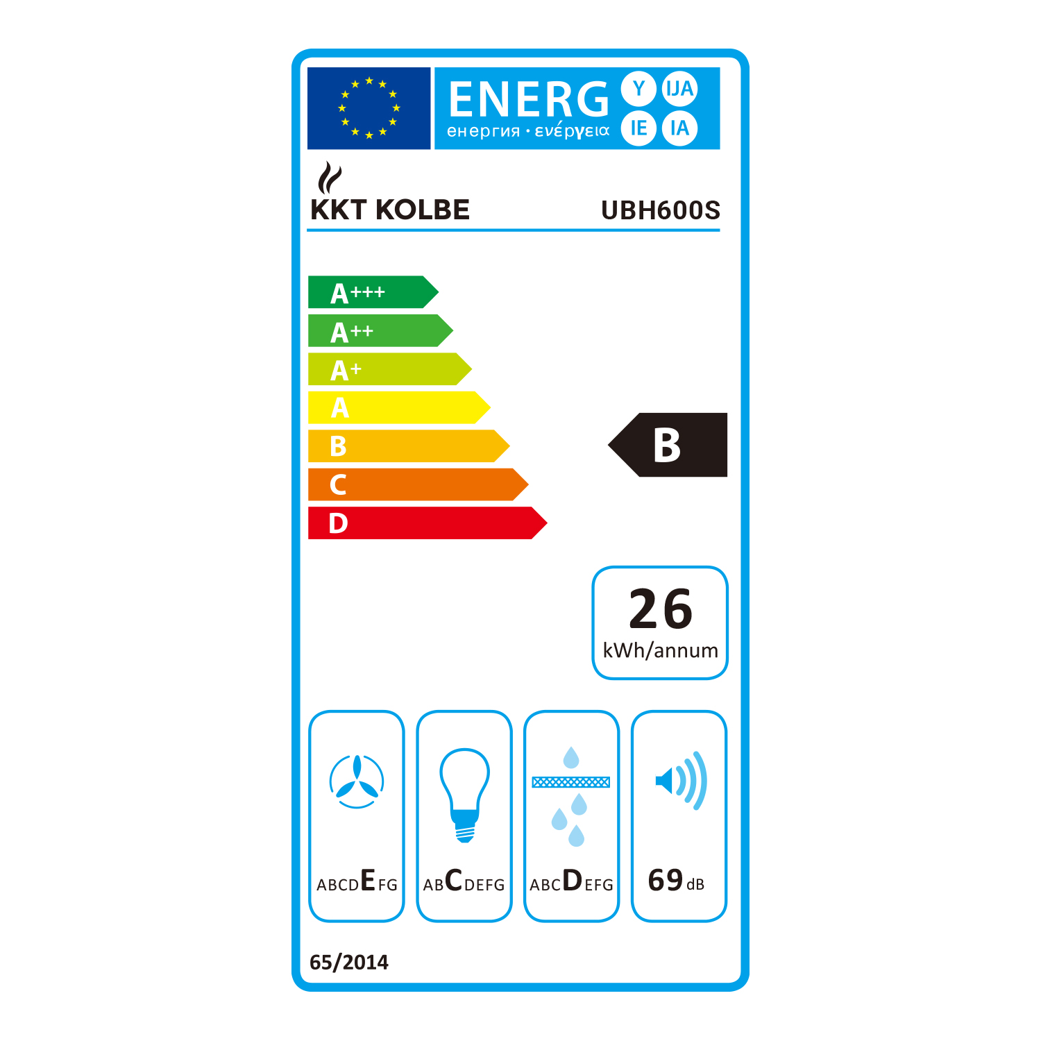 Etichetta energetica KKT Kolbe UBH600S con classe B e 26 kWh all'anno.
