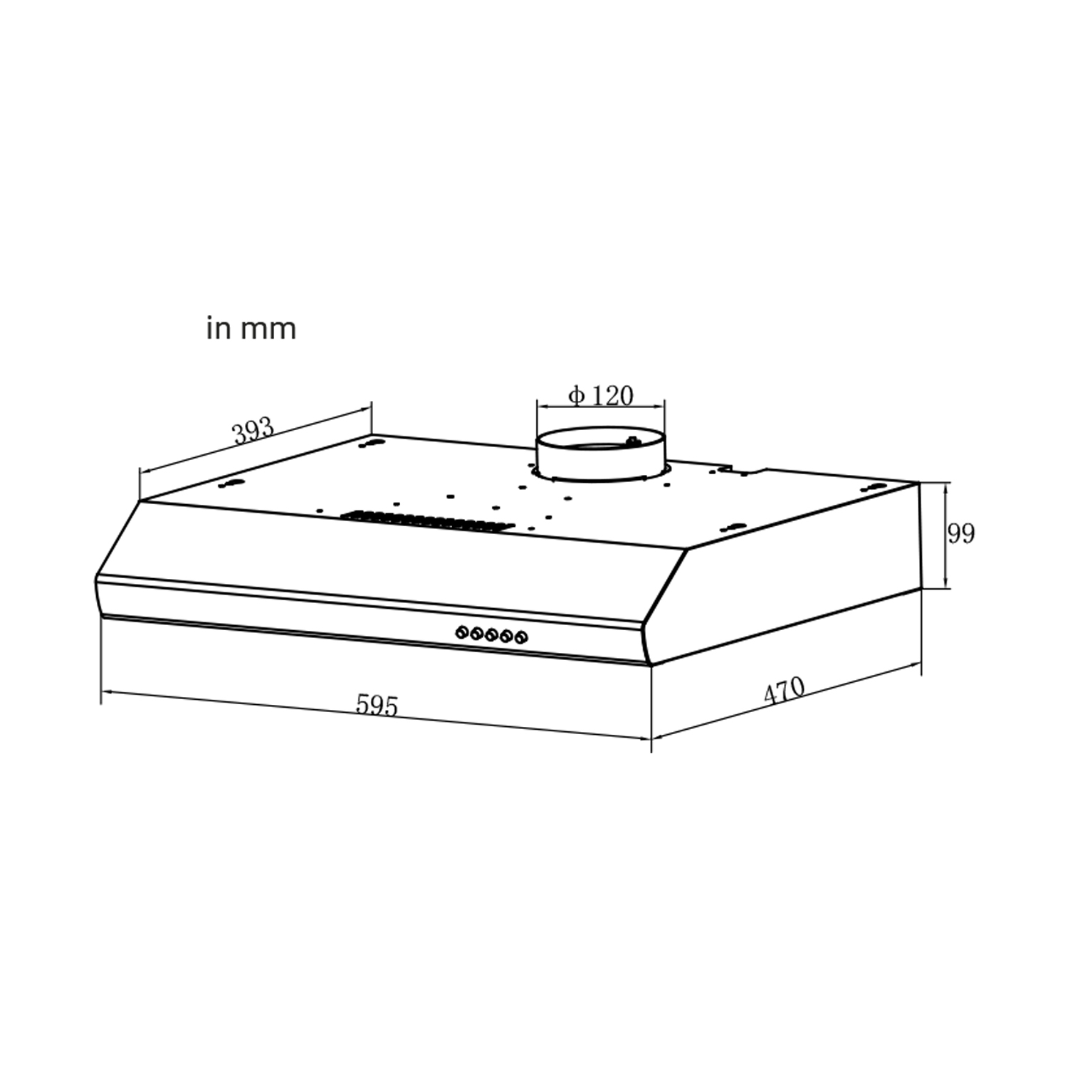 Disegno tecnico di una cappa da cucina con dimensioni in mm, larghezza 595, profondità 470, altezza 99.