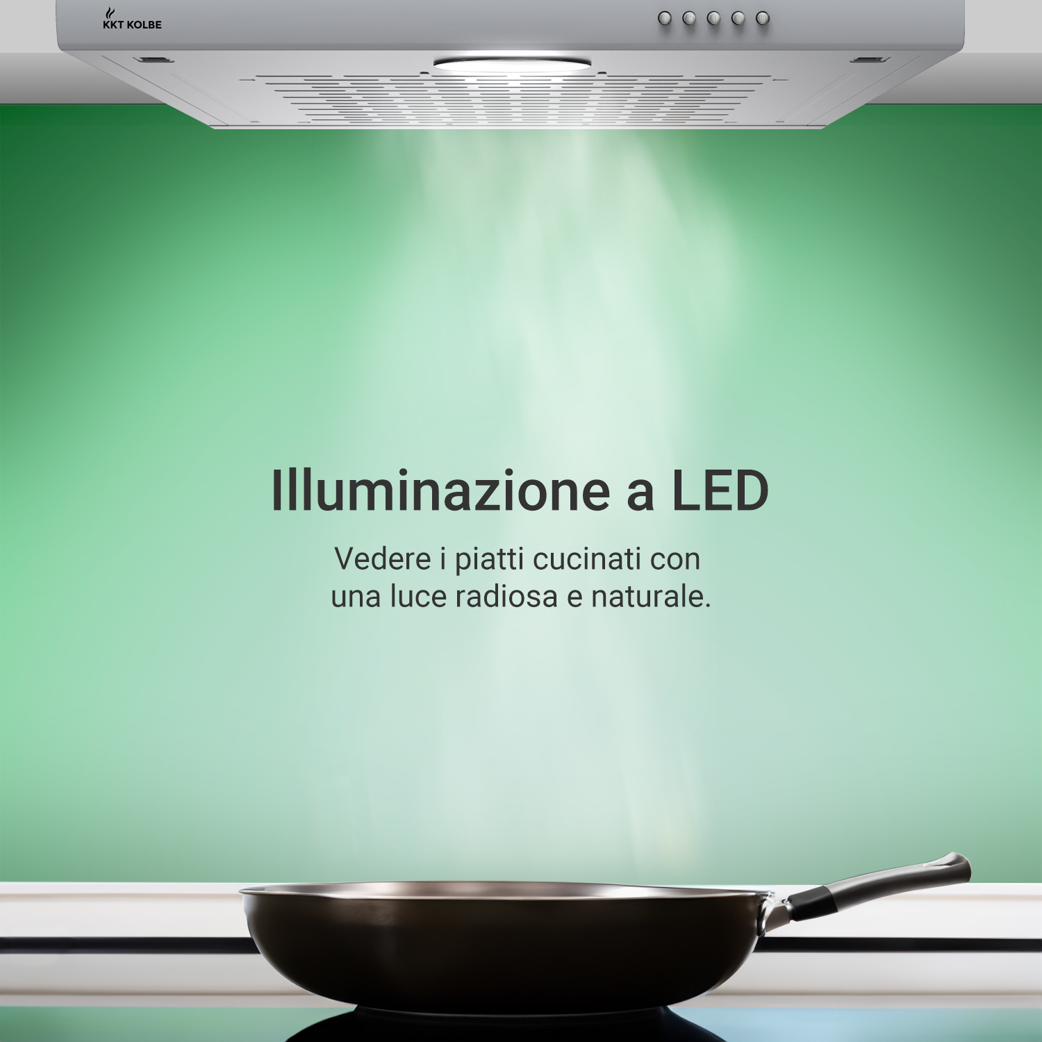 Una cappa aspirante sopra un piano cottura su fondo verde con la scritta Illuminazione a LED.