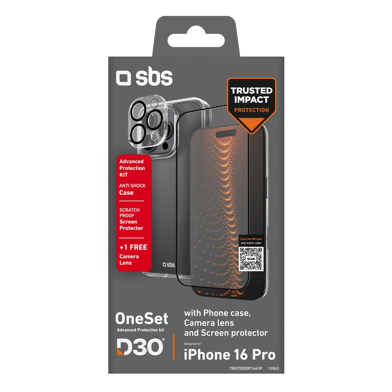 Embalaje del kit de protección SBS OneSet para iPhone 16 Pro con funda y protector.