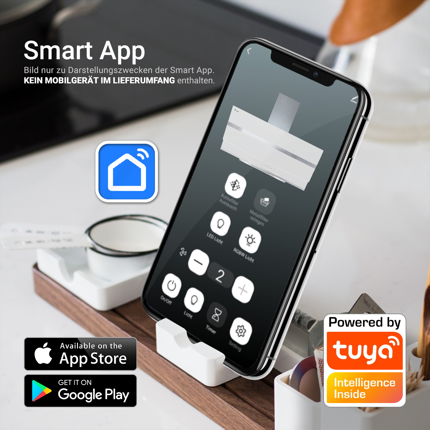 Smartphone su supporto mostra app per controllare una cappa da cucina.