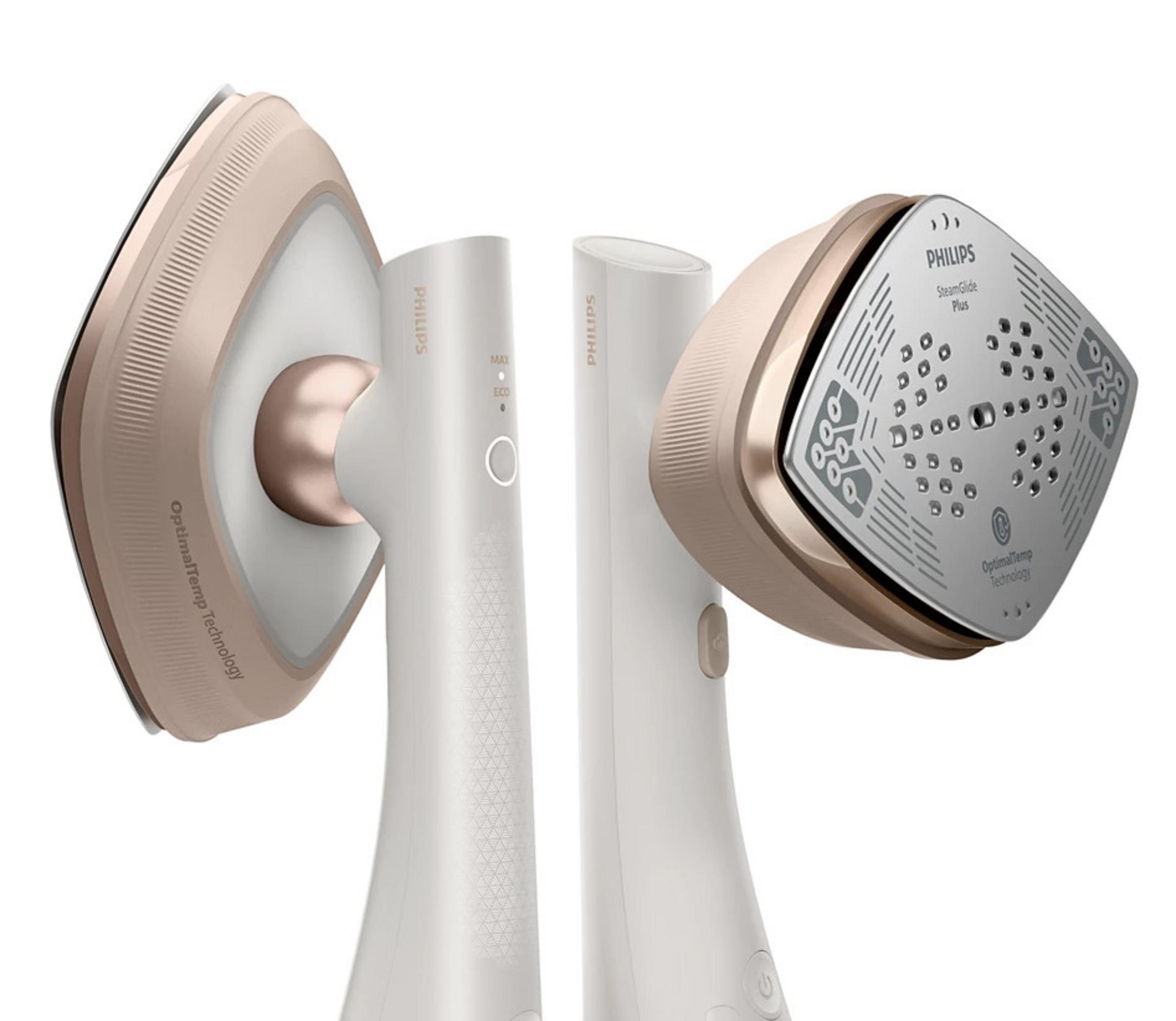 Stiratrice verticale Philips bianca e oro rosa da due angolazioni su sfondo bianco.