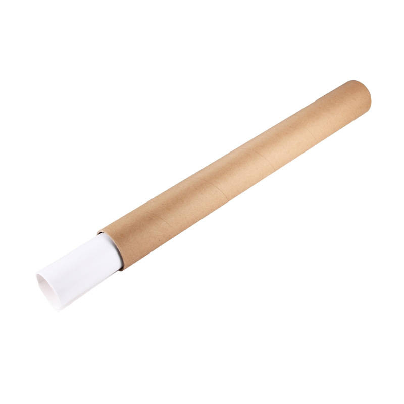 Un tubo di spedizione in cartone marrone con un poster bianco che fuoriesce.