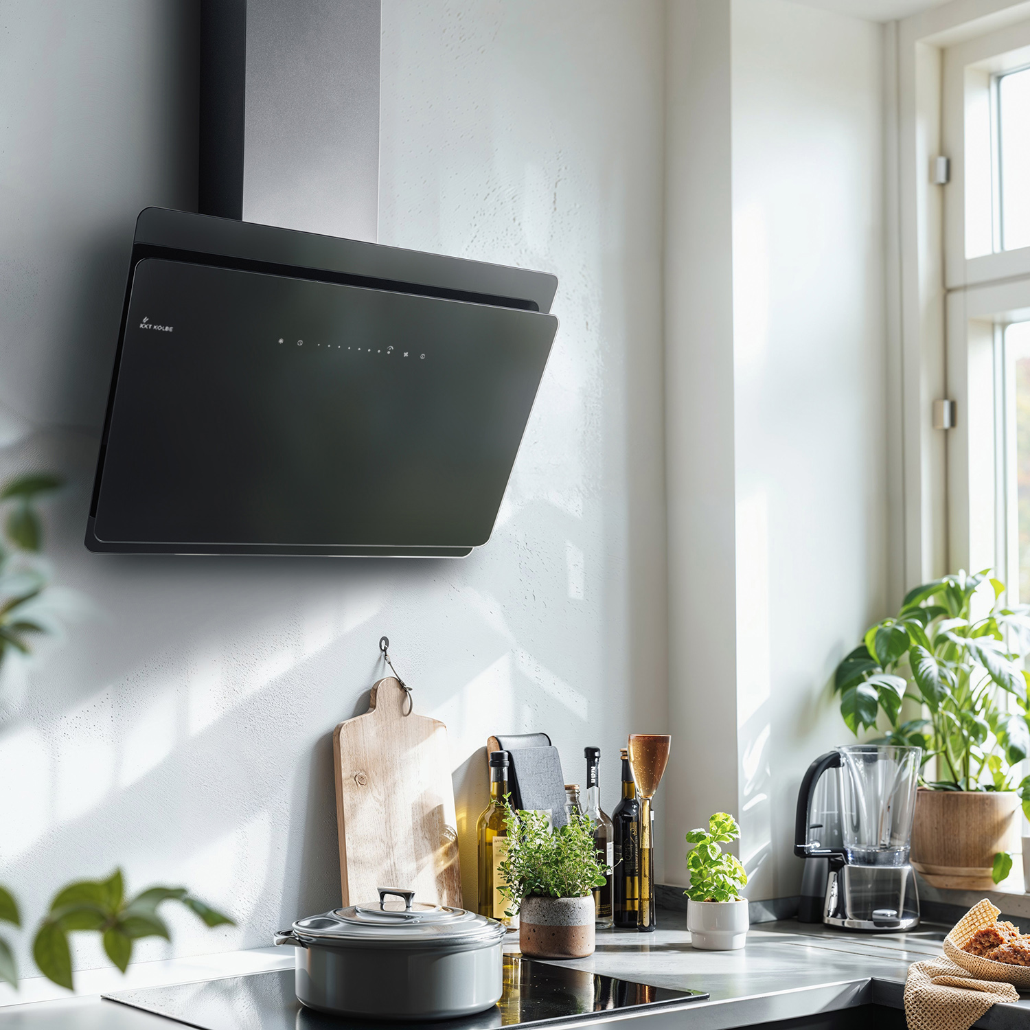 Moderna cappa aspirante nera sopra un piano cucina grigio con piante, bottiglie e utensili.