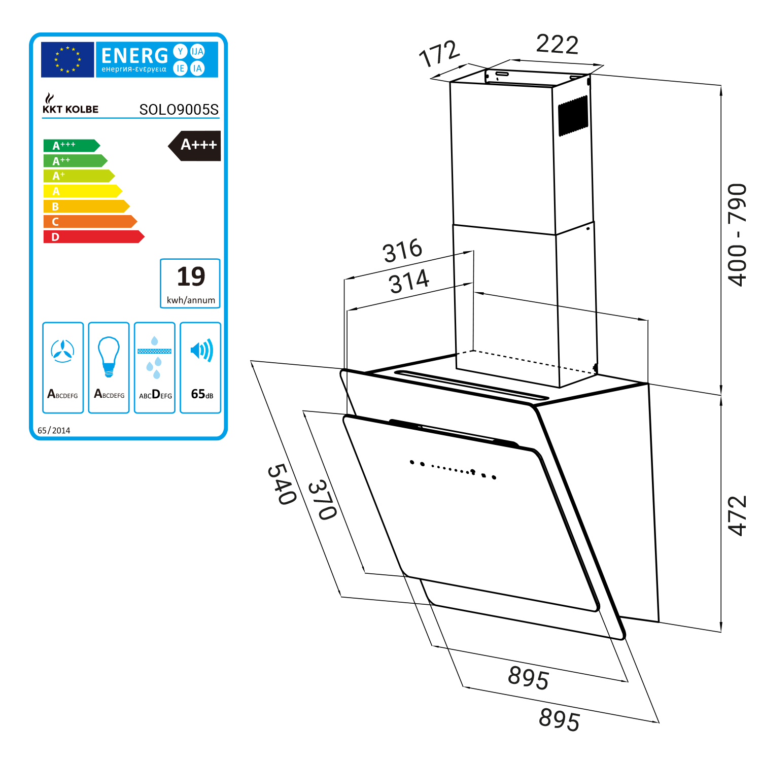 Disegno tecnico di una cappa aspirante con dimensioni ed etichetta di efficienza energetica A+++.