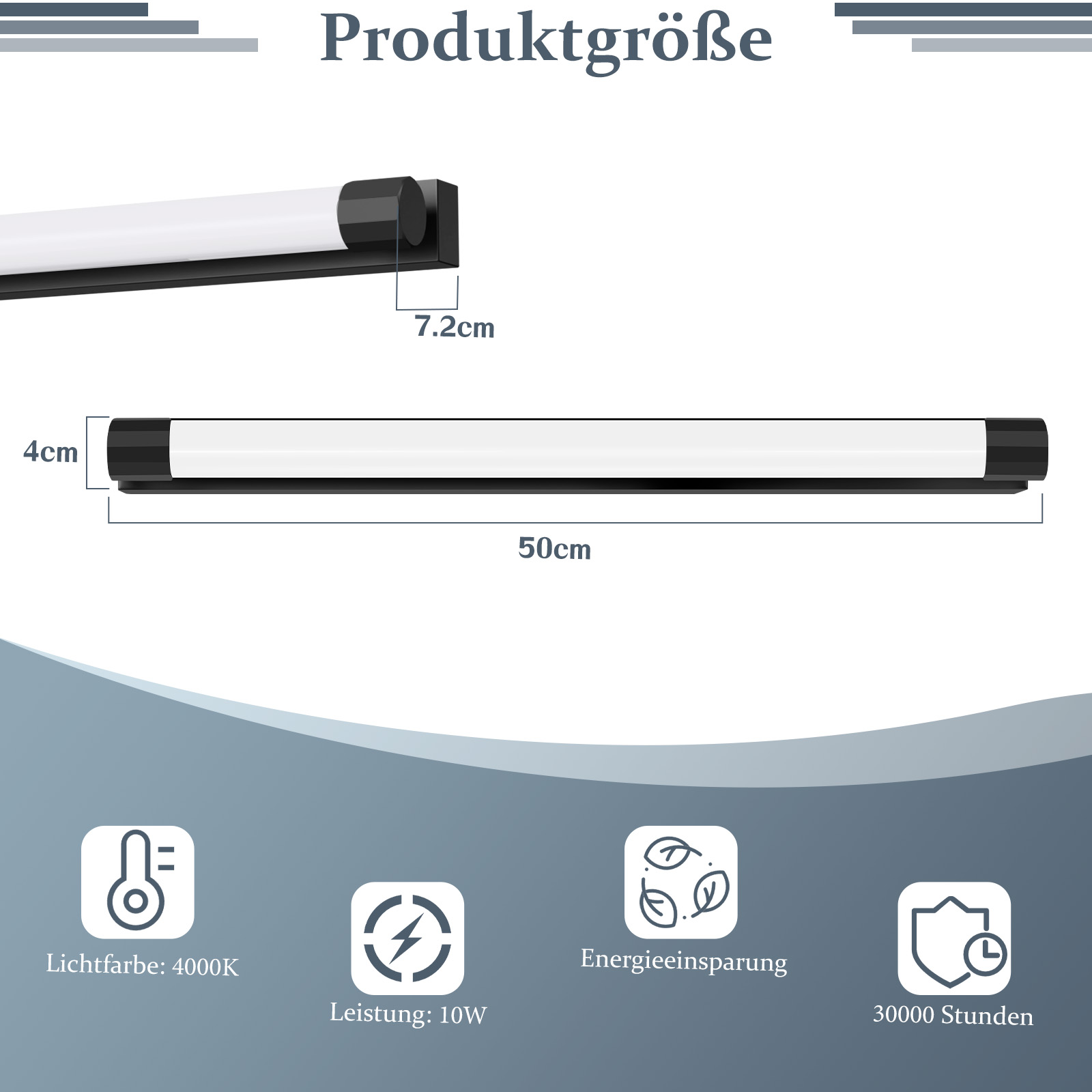 Dibujo técnico de una lámpara LED negra de 50 cm de largo con 10W y 4000K.
