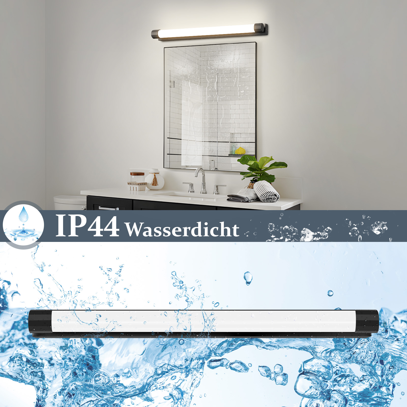 Lámpara LED impermeable para baño sobre un espejo y sumergida en salpicaduras.