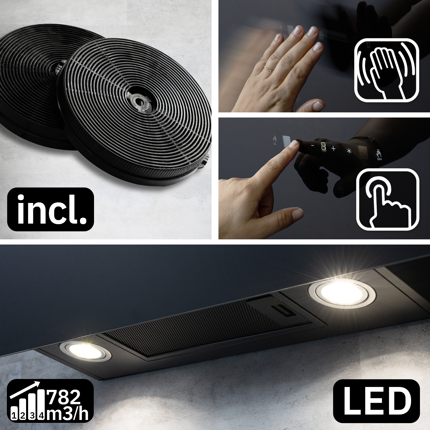 Cappa con filtri a carbone, comandi touch, luci LED e portata di 782 m3/h.