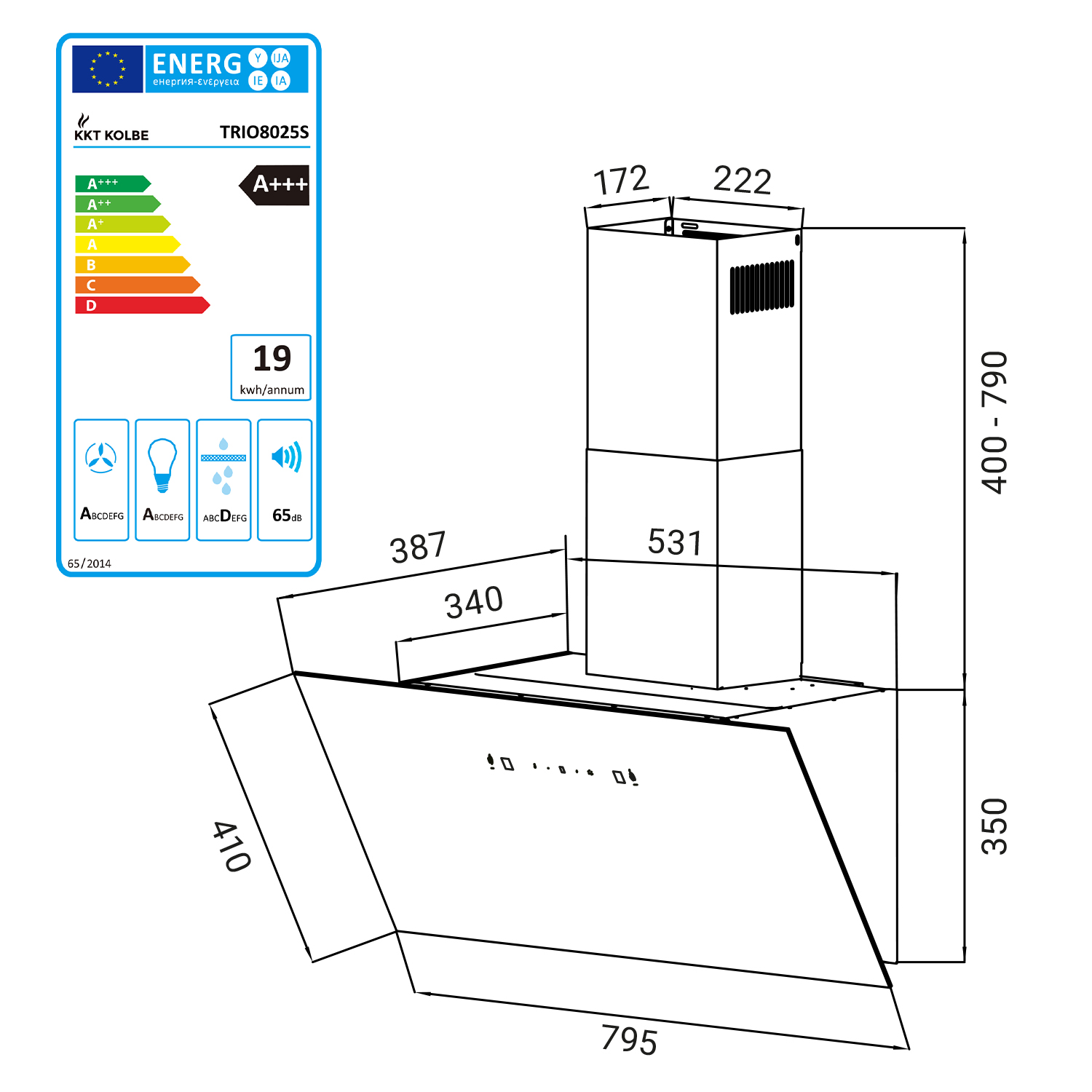 Schema di una cappa aspirante KKT Kolbe con dimensioni ed etichetta energetica A+++.