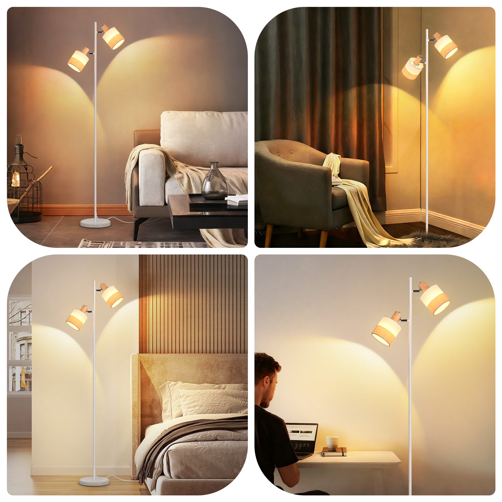 Una moderna lampara de pie blanca con dos pantallas ilumina varias habitaciones, incluyendo salon y dormitorio.