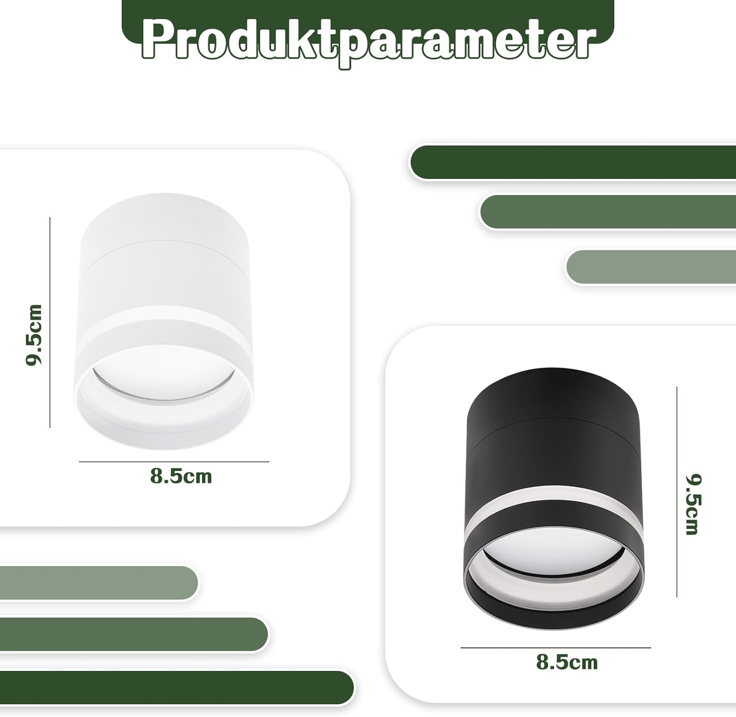 Diagrama con parámetros de producto que muestra una luz redonda blanca y una negra, cada una de 9,5 cm de alto y 8,5 cm de diámetro.