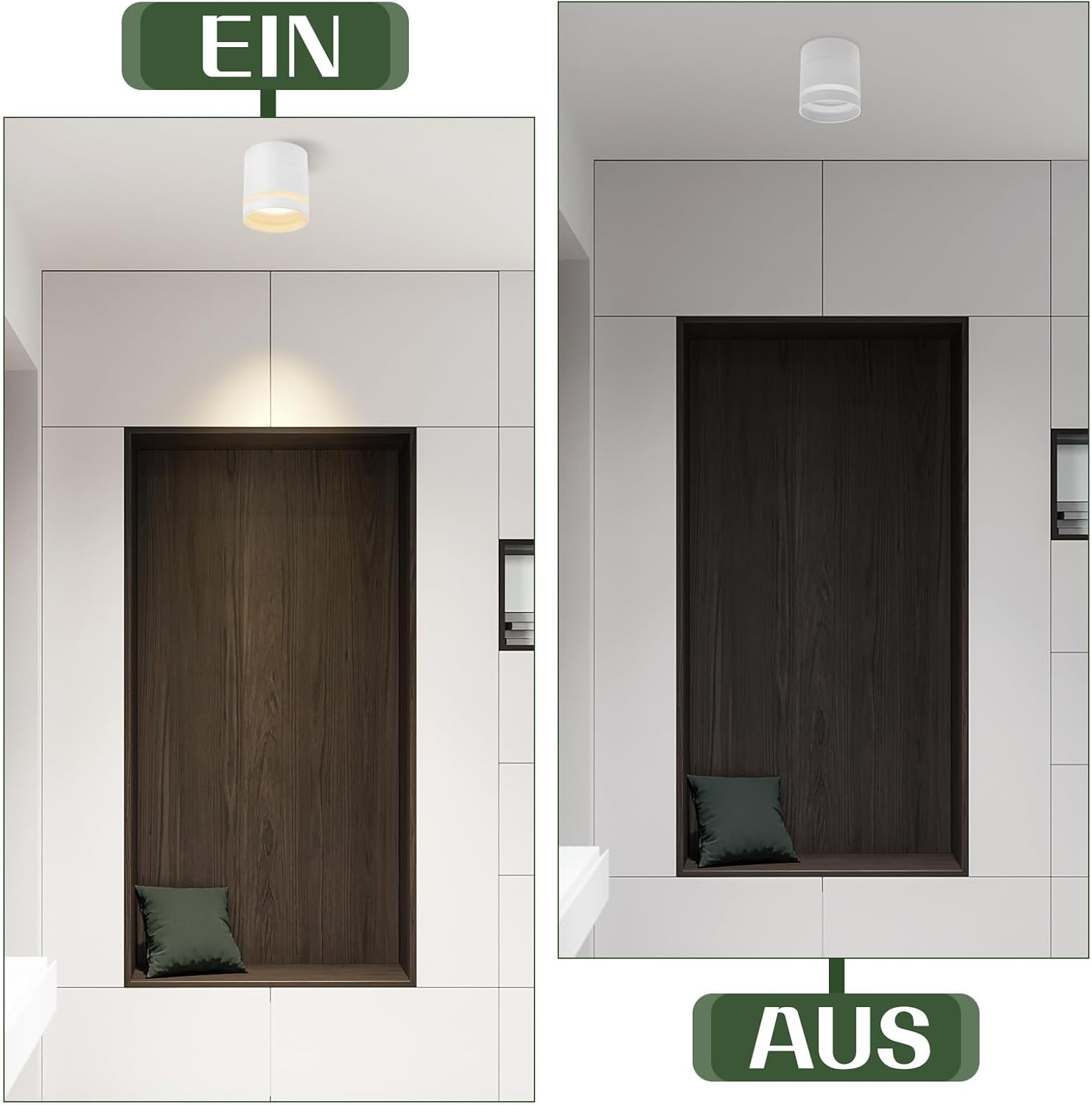 Comparación de un mueble de pared con nicho de madera, con la luz del techo encendida y apagada.