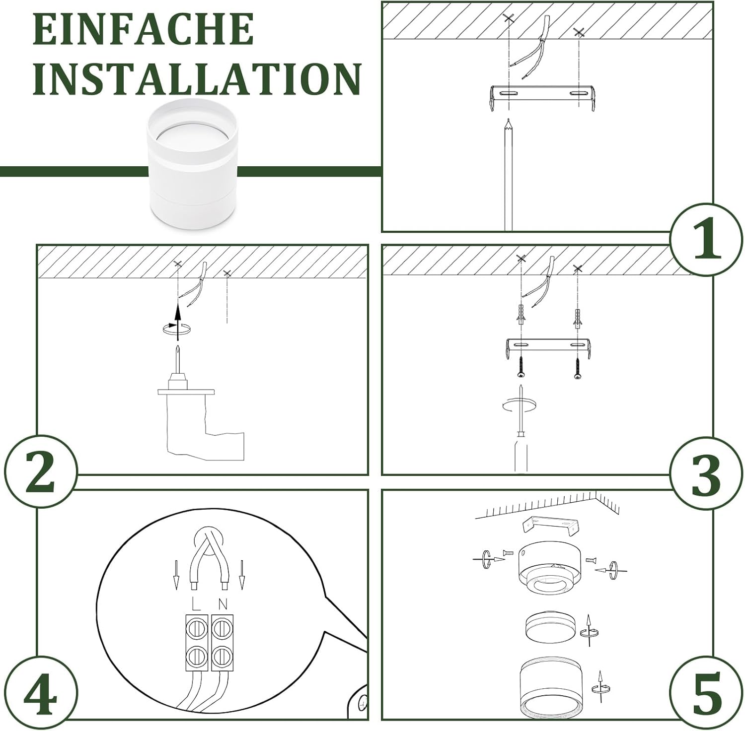 Diagrama que muestra la instalación simple de una lámpara de pared en cinco pasos numerados con cableado.