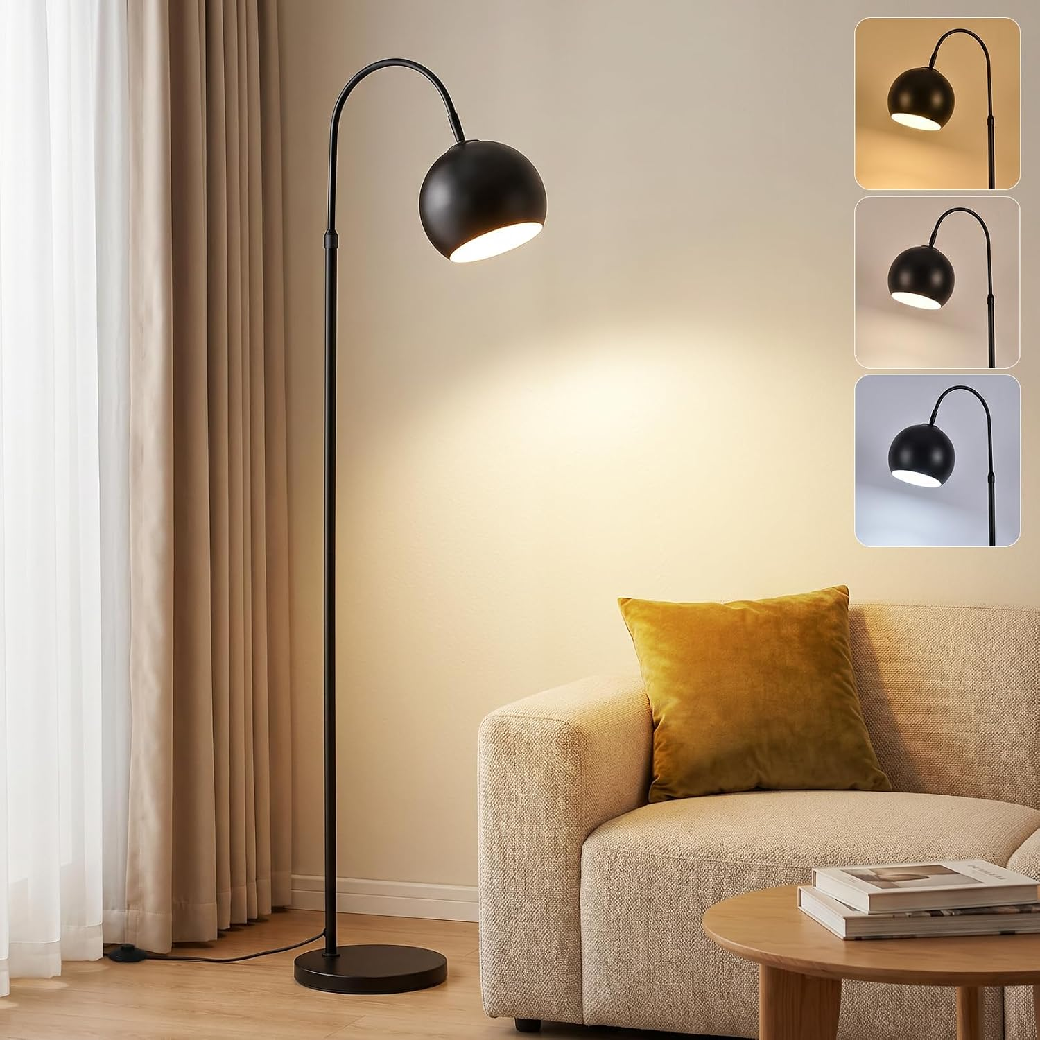 Lámpara de pie de arco negro junto a sofá claro con cojín amarillo en salón, miniaturas muestran diferentes colores de luz.