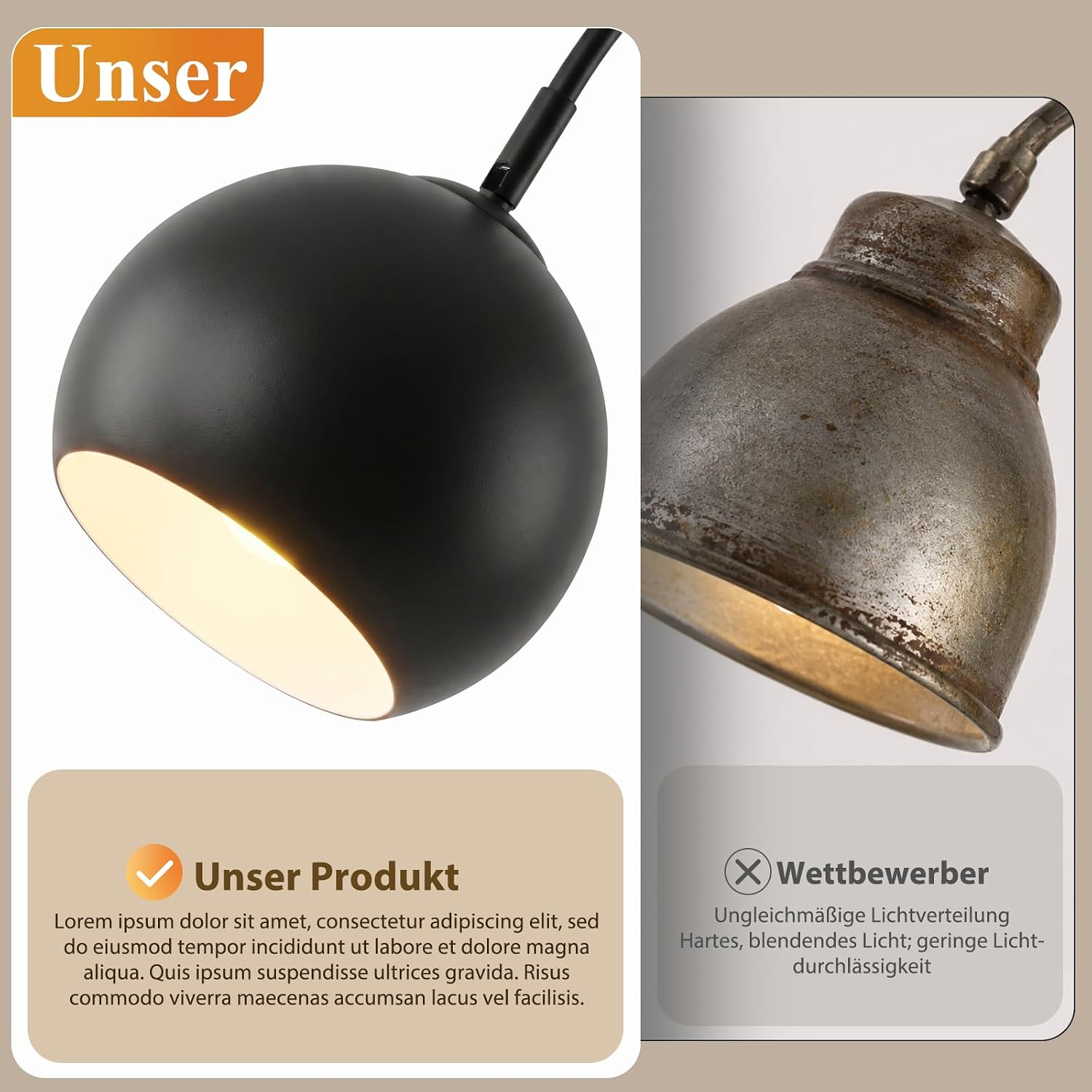 Comparación de dos lámparas: a la izquierda una lámpara negra mate como nuestro producto, a la derecha una lámpara oxidada de la competencia.