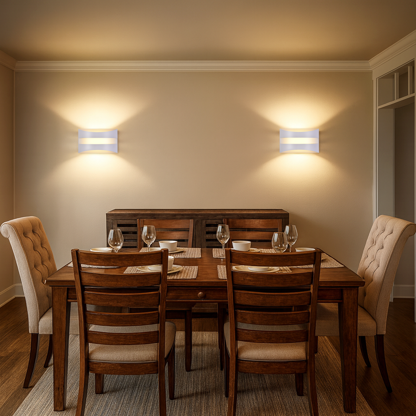 Comedor con mesa de madera, sillas y apliques de pared iluminados en la pared.