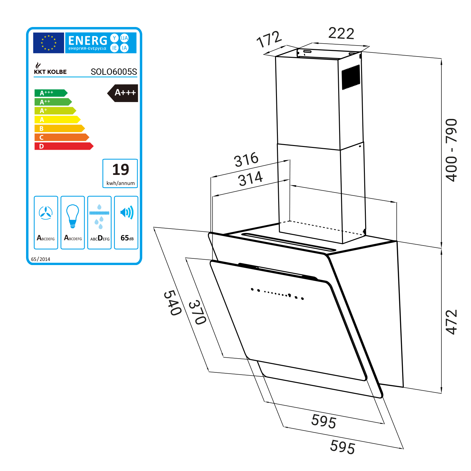 Disegno tecnico di una cappa aspirante con dimensioni ed etichetta di efficienza energetica.
