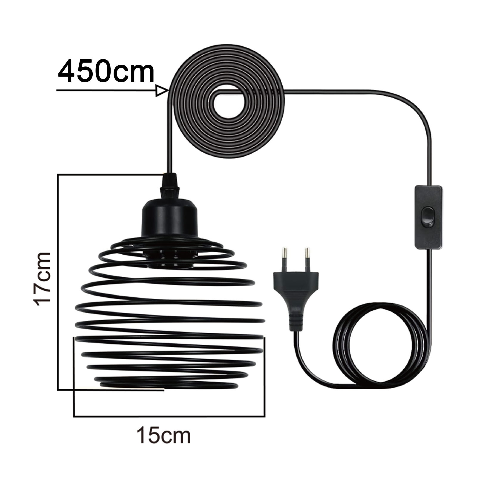Lámpara colgante negra con pantalla en espiral, cable de 450 cm, interruptor y enchufe sobre fondo blanco.