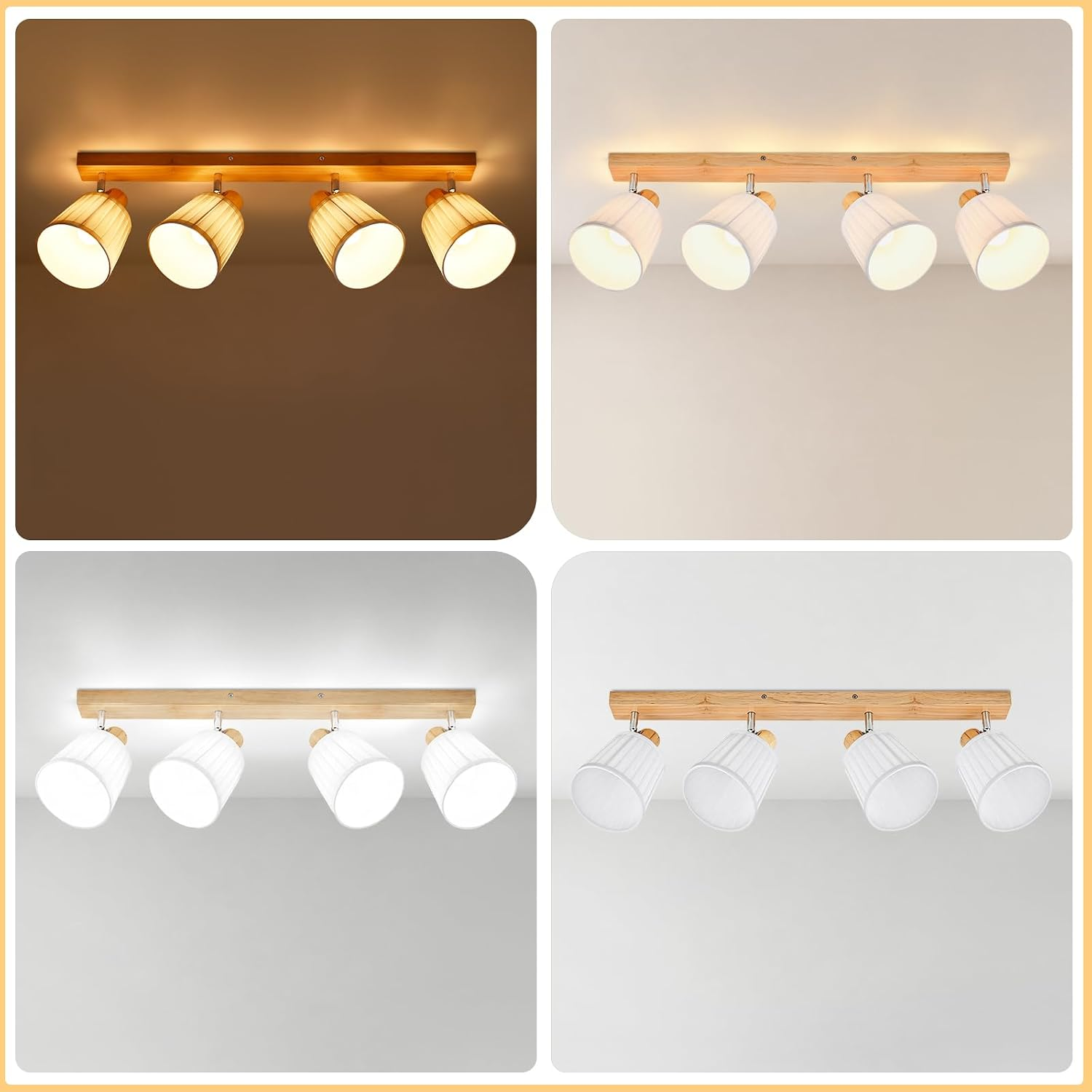 Una lámpara de techo de cuatro luces con barra de madera y pantallas de tela blanca en varias temperaturas de color.